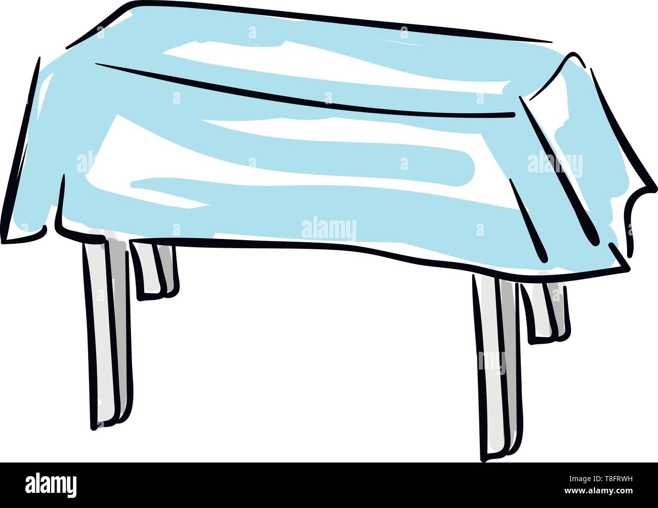 Kind einen hölzernen Tisch in Grau lackiert, mit einem blauen Tischdecke bedeckt, hat vier Beine, auf weißem Hintergrund, Vector, Farbe, Zeichnung oder Abbildung. Stock Vektor