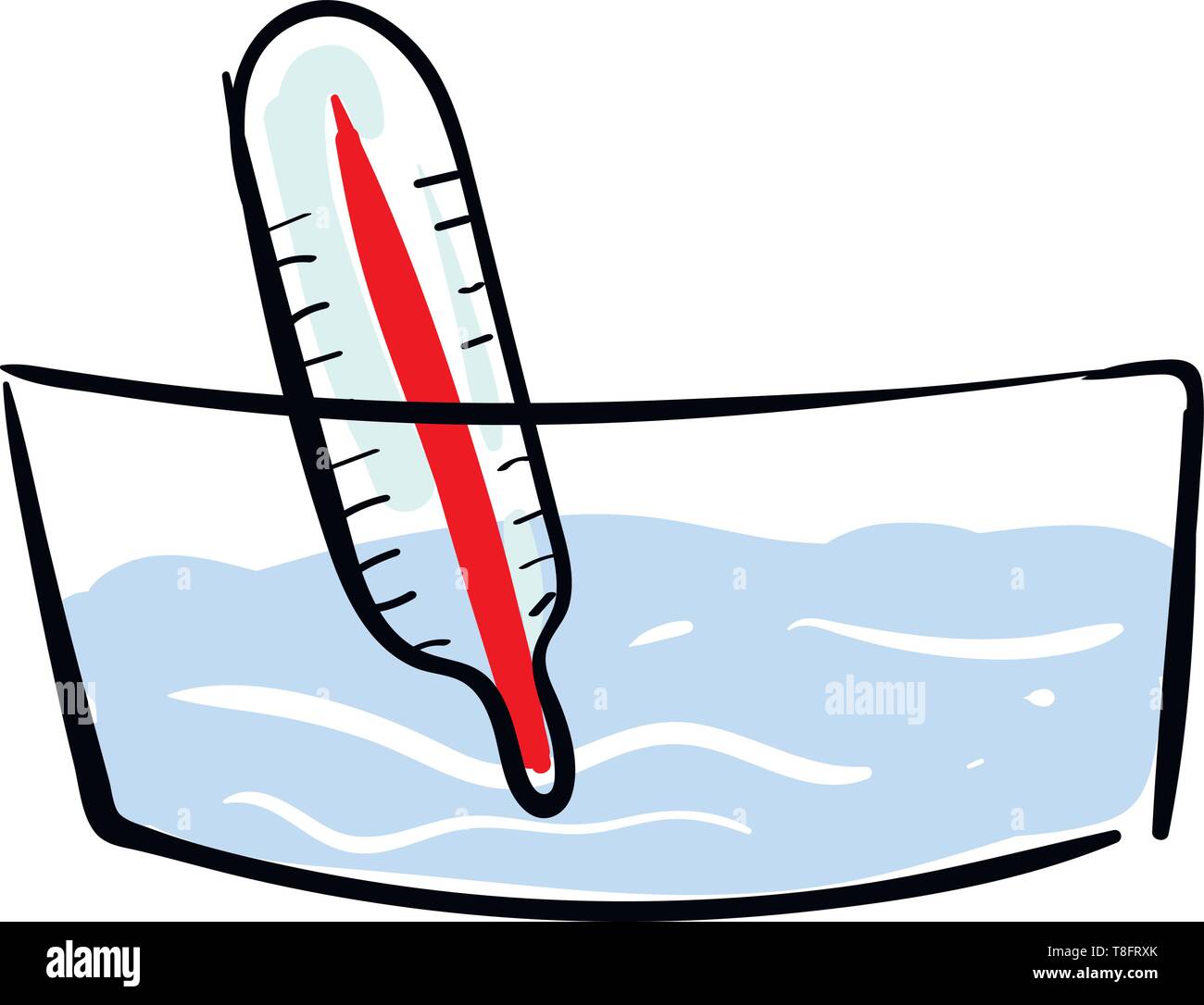 Kind ein Thermometer mit Quecksilber und mit Graduierungen in eine Wanne mit Wasser auf weißem Hintergrund, Vector, Farbe, Zeichnung oder illustr eingetaucht Stock Vektor