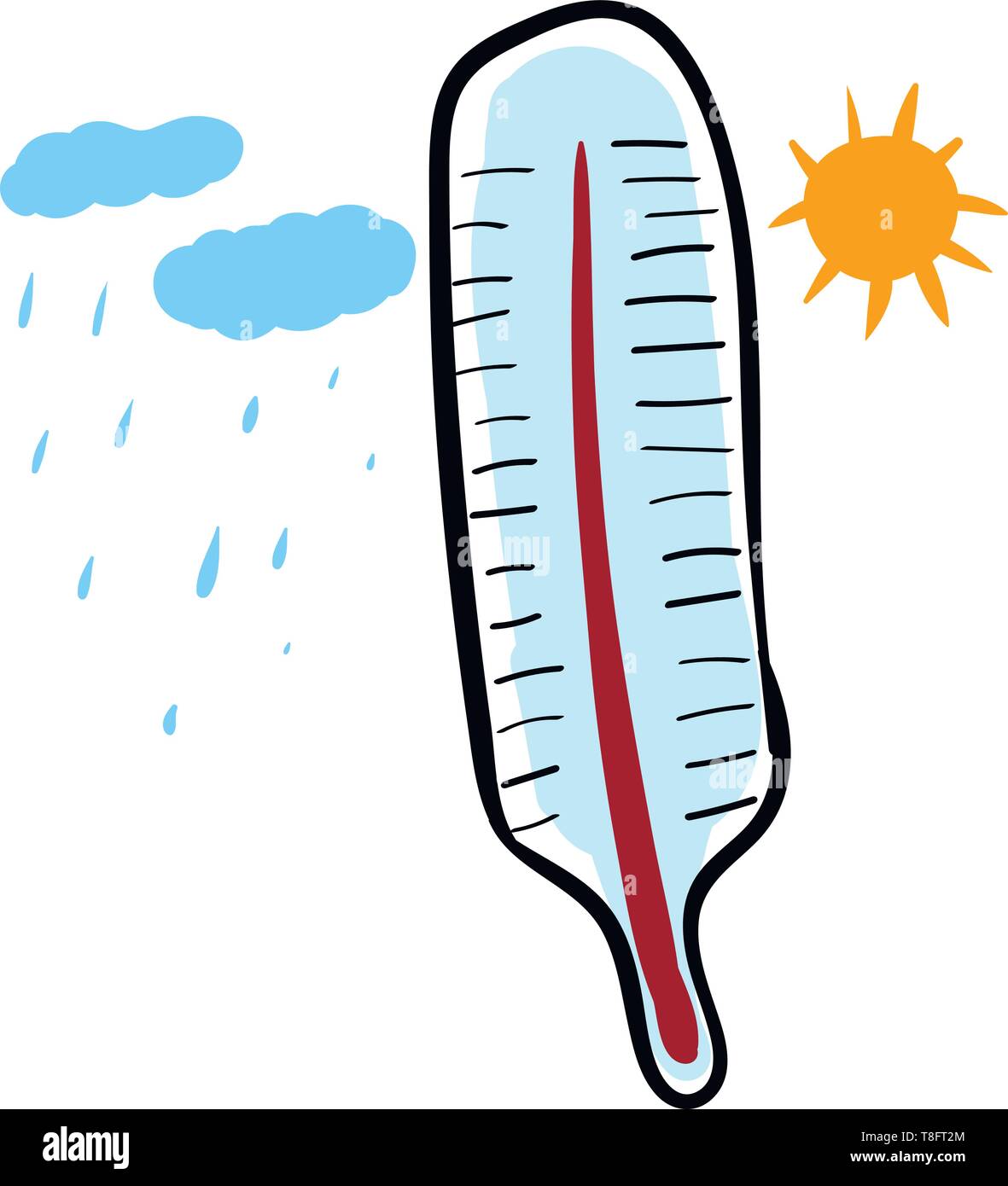 Malerei des Thermometers mit Graduierung, die Quecksilber enthalten, gekennzeichnet ist inmitten eines sonnigen und regnerischen Tag, lustige Blicke, Vector, Farbe, Zeichnung oder Illus Stock Vektor