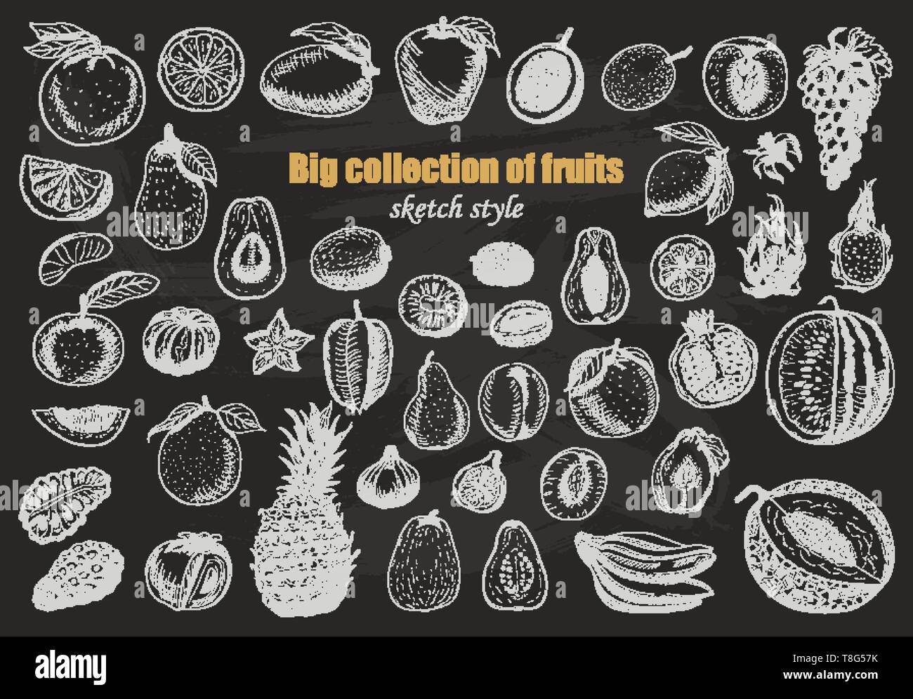 Große Sammlung von Obst auf dunklem Hintergrund. Vector Illustration für Ihr Design Stock Vektor