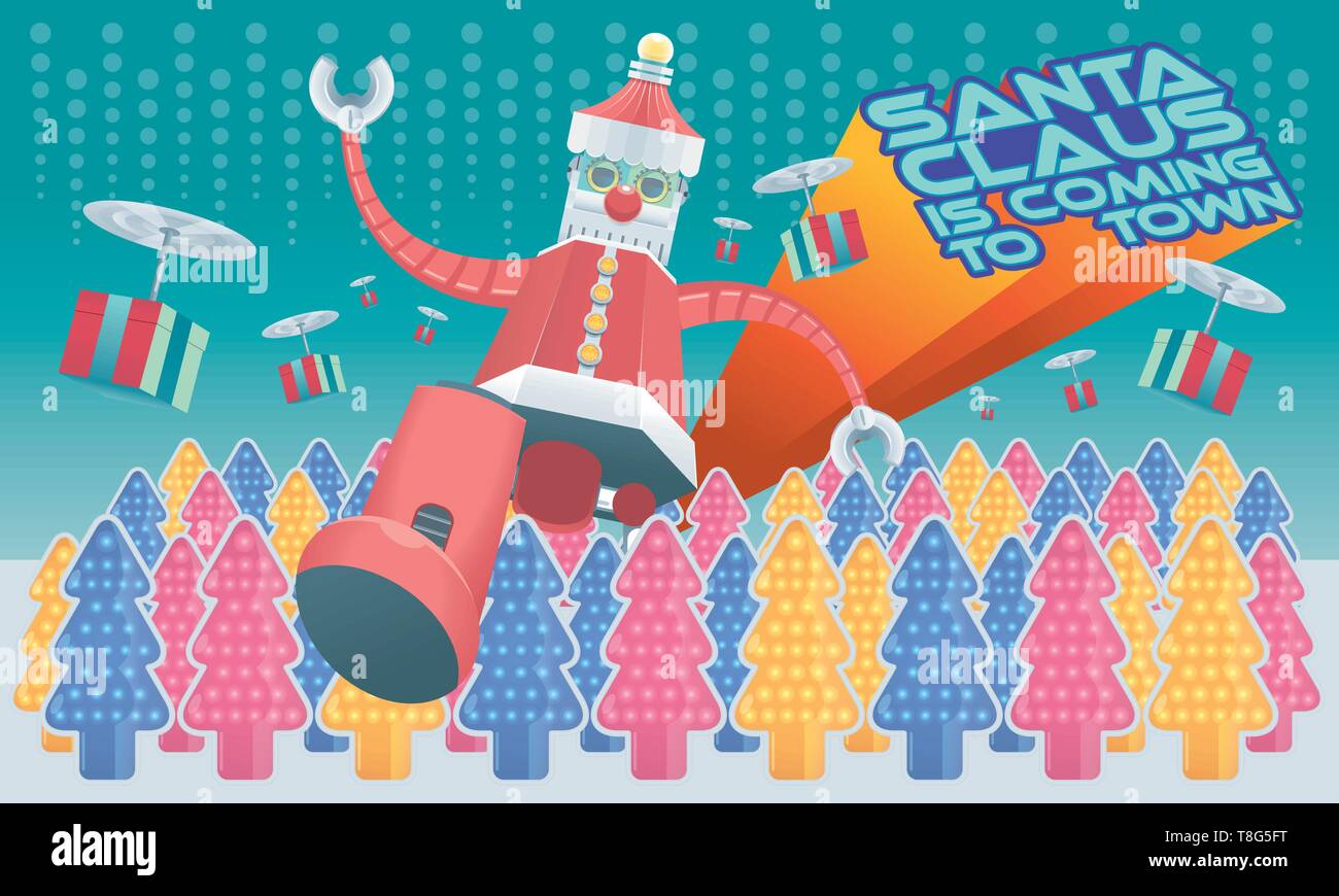 Robot Santa und fliegenden mechanischen präsentiert kommt in die Stadt, mit verschiedenen Farben, Hintergründe. Horizontale Komposition. Stock Vektor