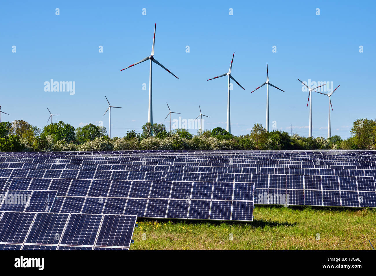 Sonnenkollektoren und Windkraftanlagen in Deutschland gesehen Stockfoto
