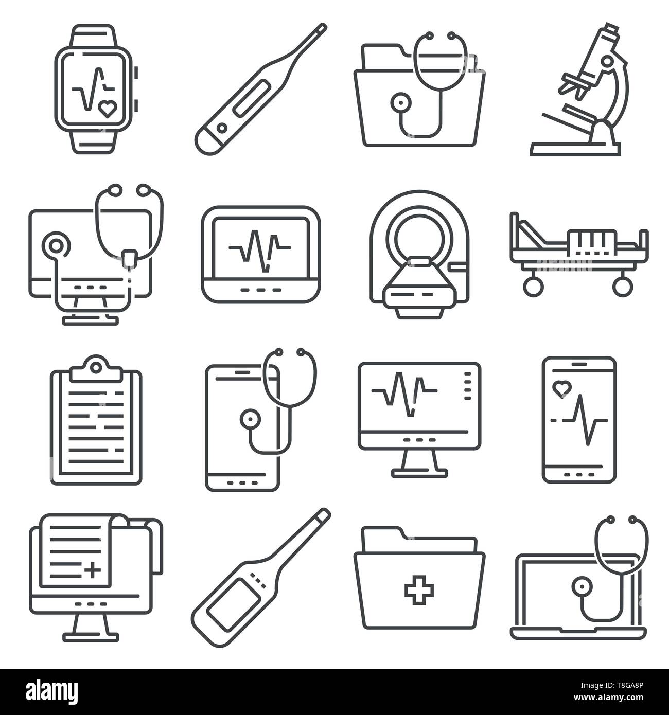 Medical Line Symbole auf weißem Hintergrund. Digitales Thermometer, Mikroskop, MRT, Bericht und mehr Stock Vektor
