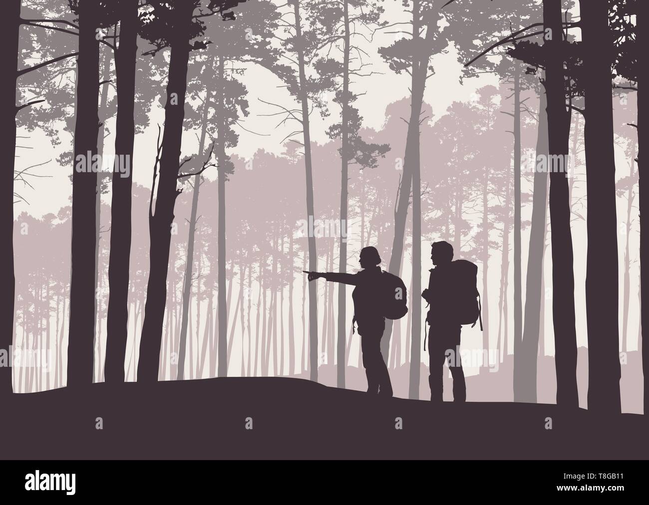 Realistische Abbildung von retro Landschaft Silhouetten mit Wald- und Nadelbäume. Zwei Wanderer, Mann und Frau, mit Rucksäcken. Zeigt Hand Path-Ve Stock Vektor