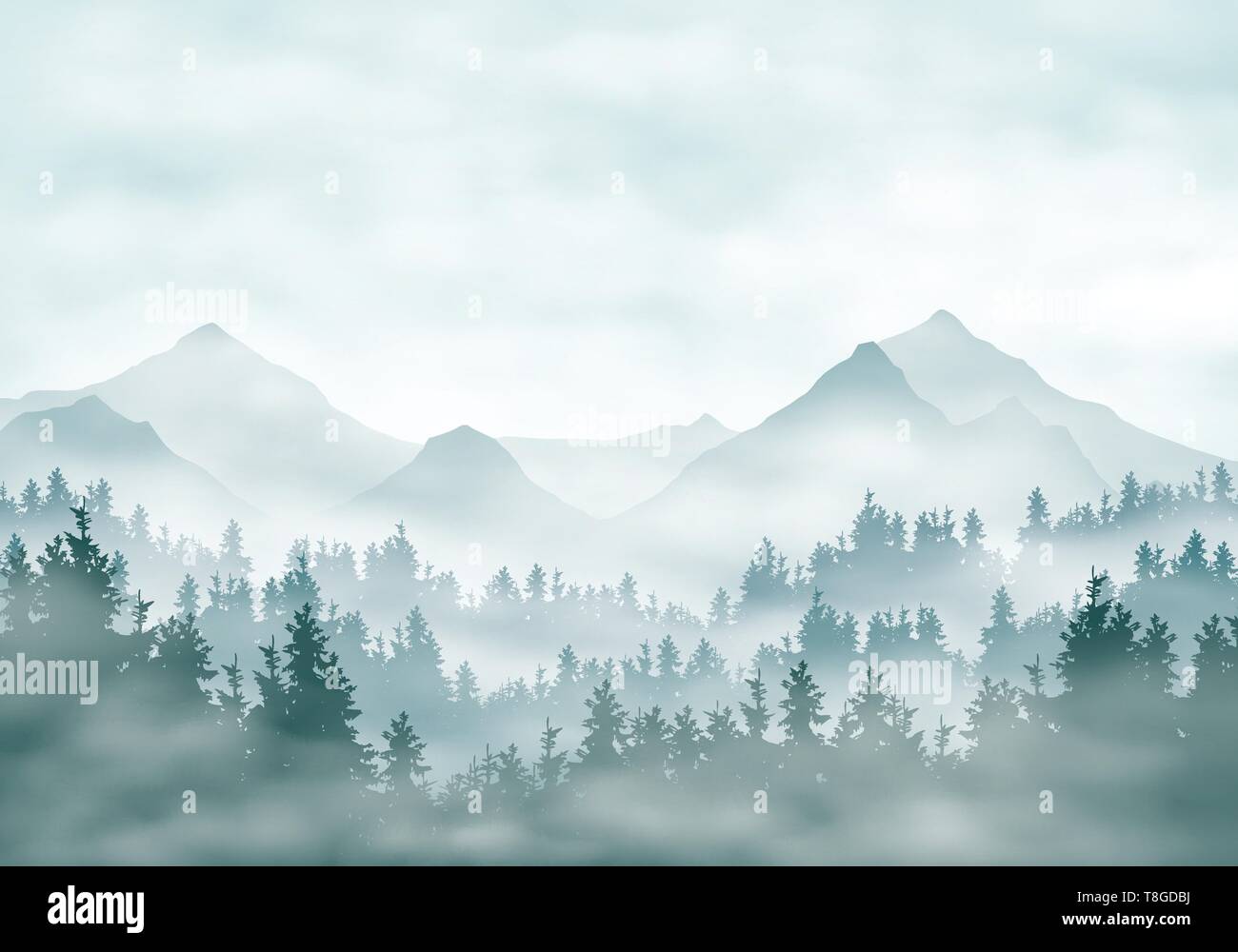 Realistische Darstellung der Landschaft Silhouetten mit Wald- und Nadelbäume. Nebel Nebel oder Wolken unter grün-blauen Himmel - Vektor Stock Vektor