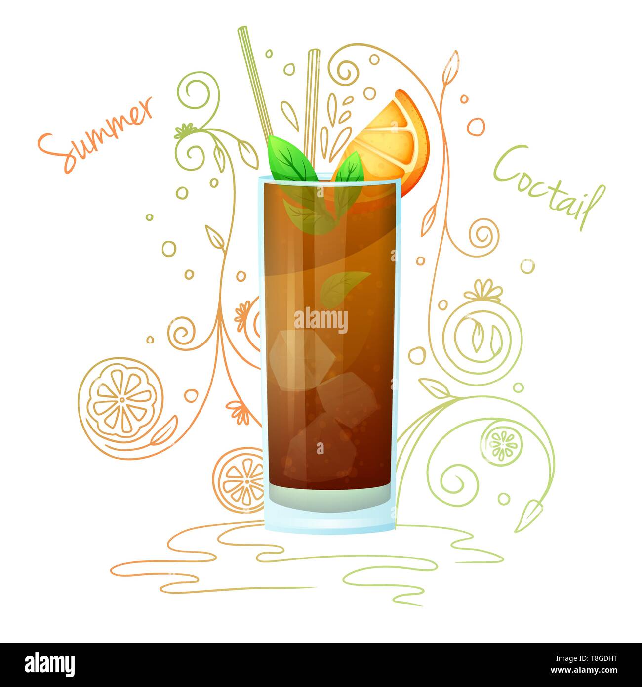 Realistische Cocktail auf einem weißen Hintergrund mit einem Doodle, Muster. Vector Illustration Stock Vektor