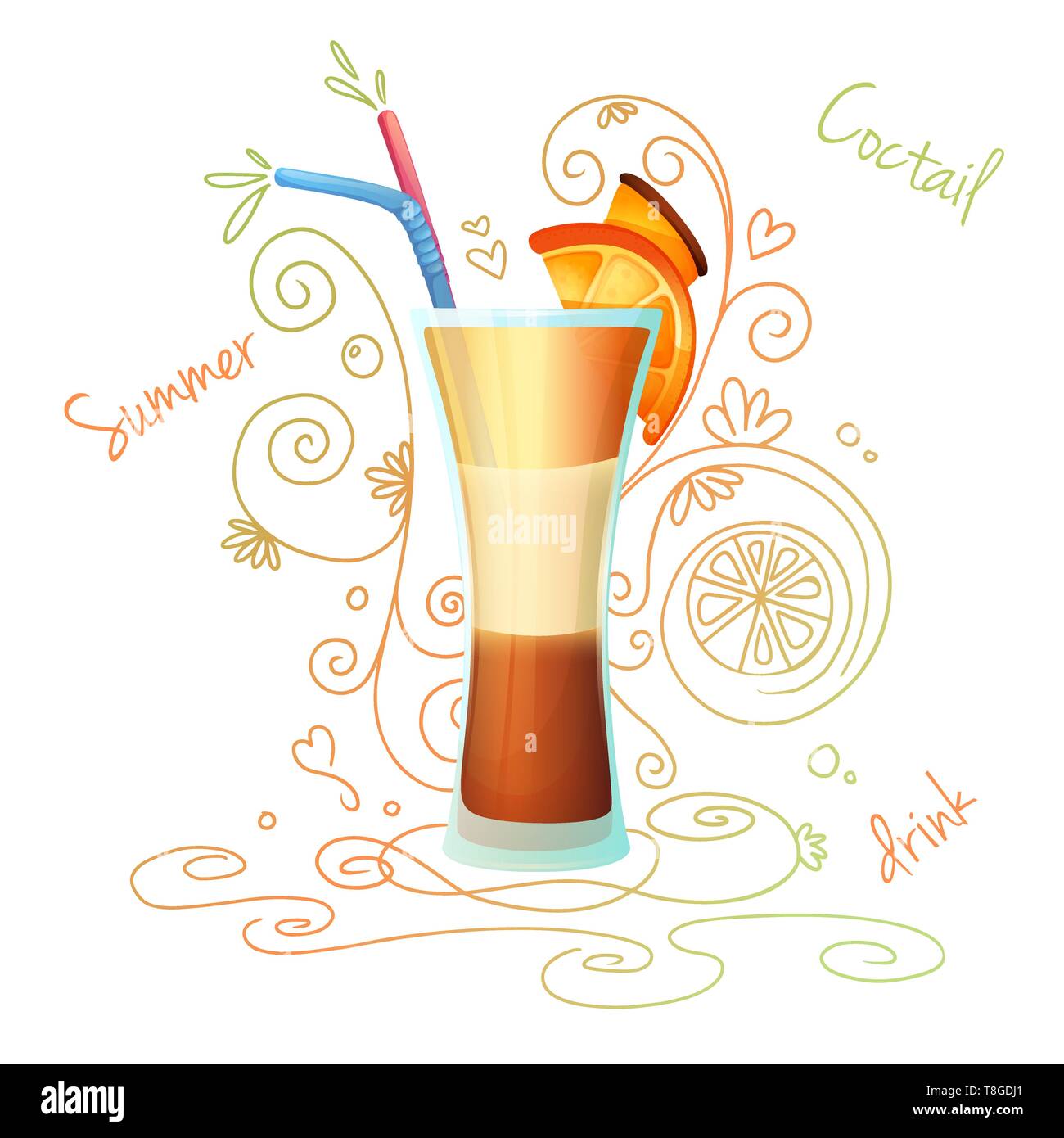 Realistische Cocktail auf einem weißen Hintergrund mit einem Doodle, Muster. Vector Illustration Stock Vektor
