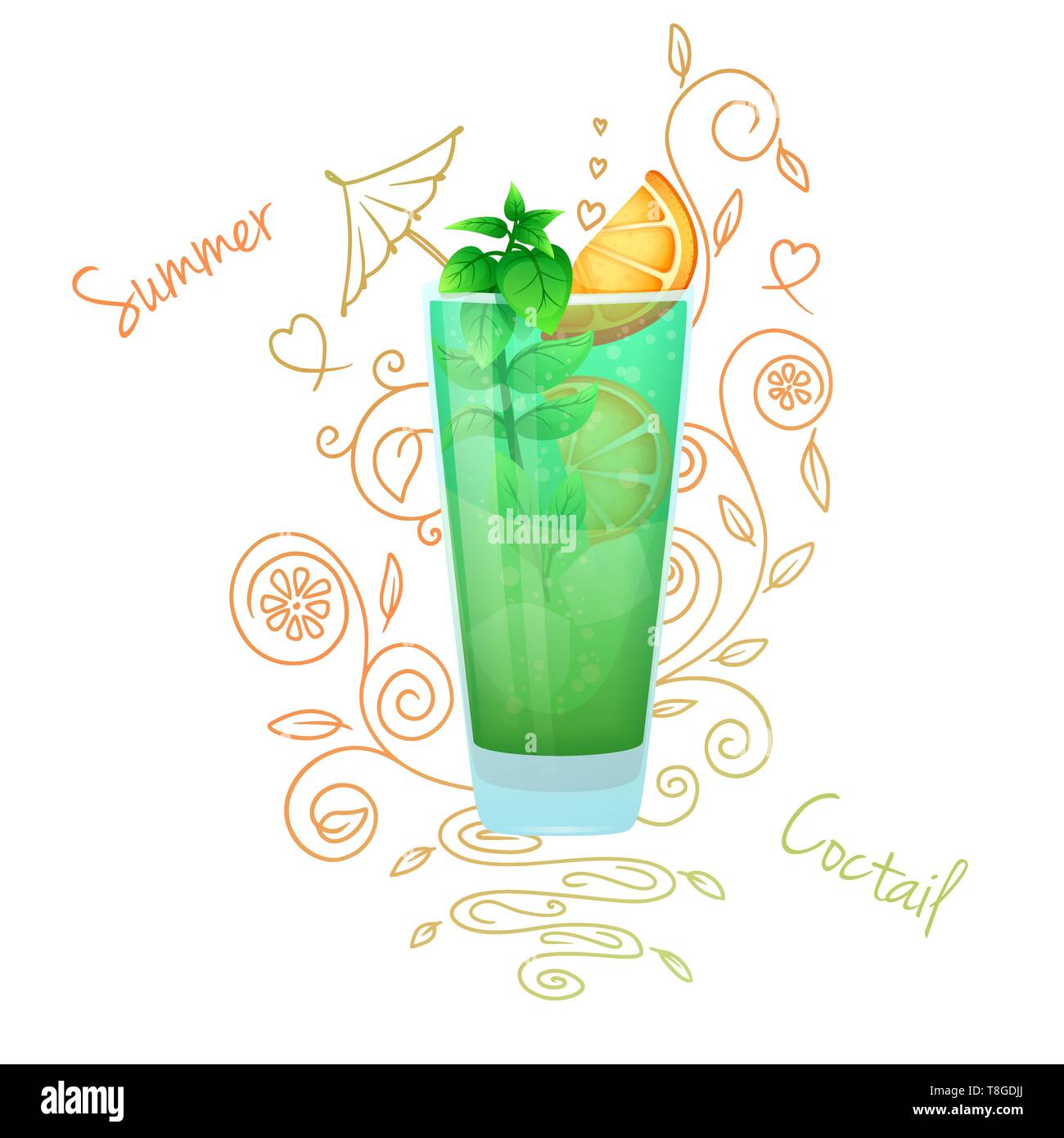 Realistische Cocktail auf einem weißen Hintergrund mit einem Doodle, Muster. Vector Illustration Stock Vektor