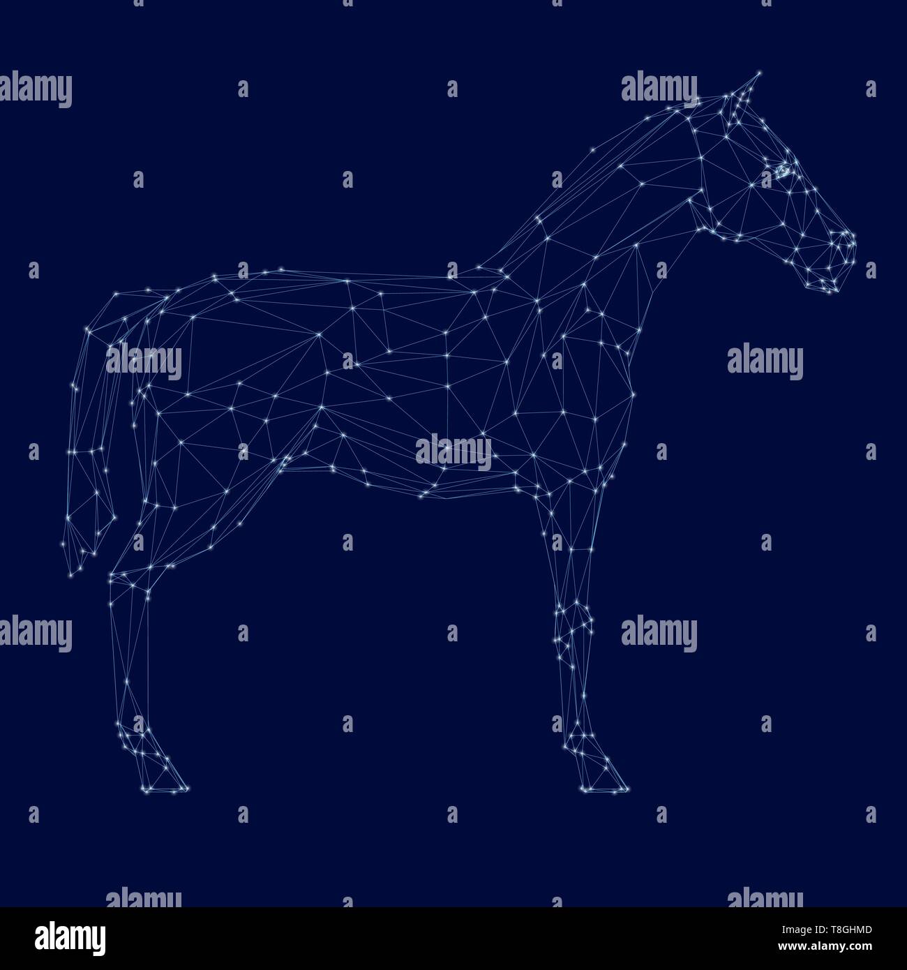 Polygonale Pferd Drahtmodell aus blauen Linien auf einem dunklen Hintergrund. Von der Seite. Vector Illustration Stock Vektor
