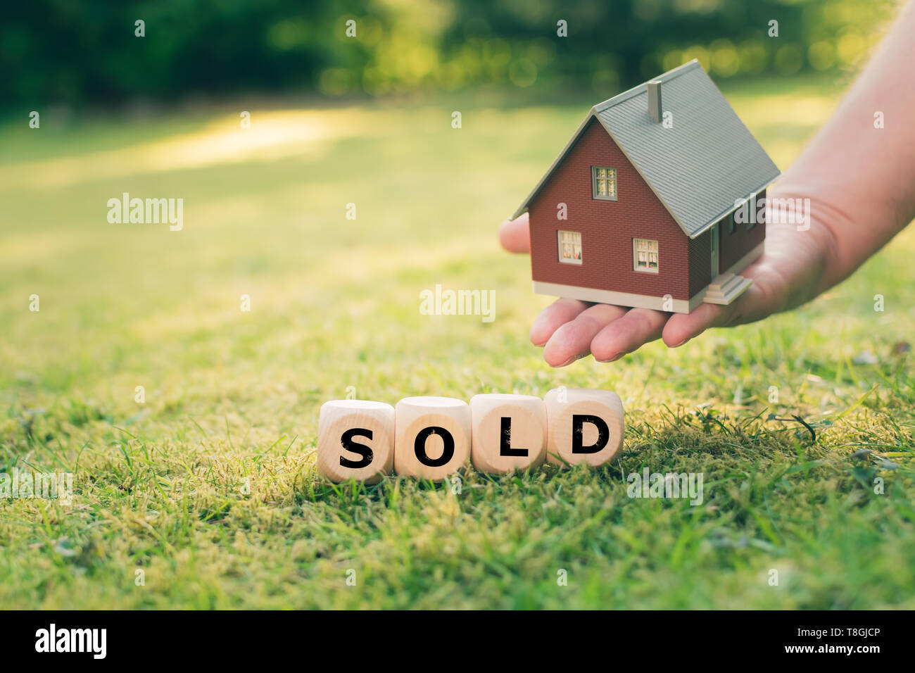 Konzept einer verkauft Haus. Eine Hand hält ein Modell über eine Wiese. Würfel Form alte das Wort'. Stockfoto