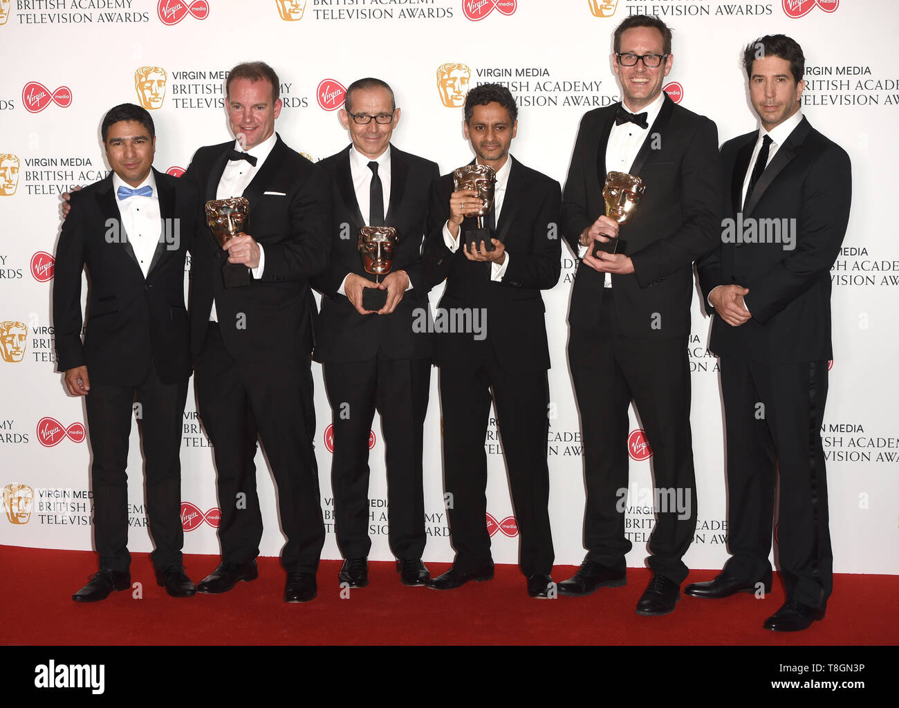 Foto muss Gutgeschrieben © Alpha Presse 079965 12/05/2019 Nick Mohammed David Taylor, Murray Boland, Ish Kalia und Jack Shillaker und David Schwimmer Virgin Media BAFTA TV British Academy Television Awards Pressroom 2019 in der Royal Festival Hall London Stockfoto