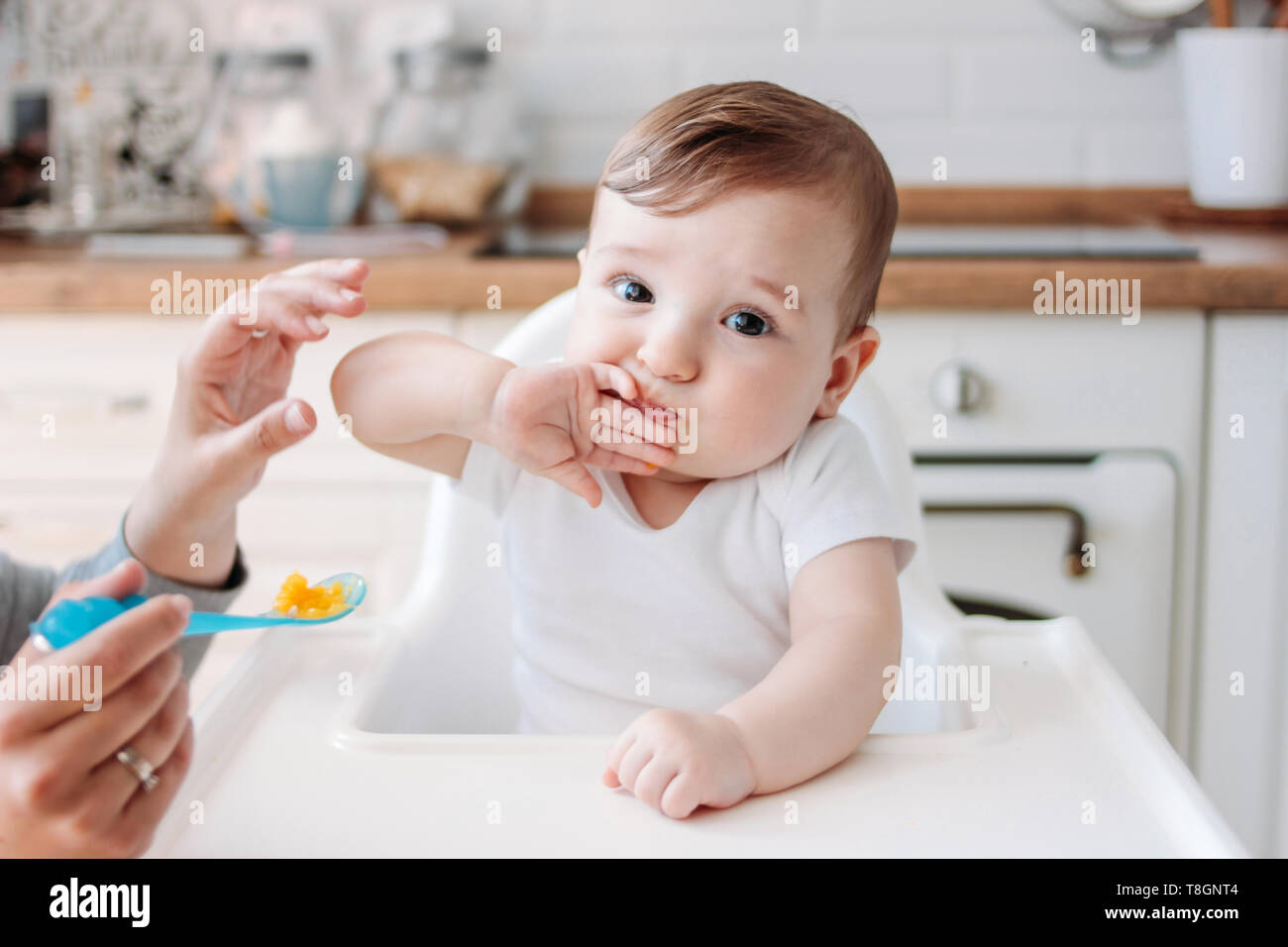 Charmantes kleines Baby Boy 6-8 Monate essen zunächst Essen Kürbis vom Löffel zu Hause Stockfoto
