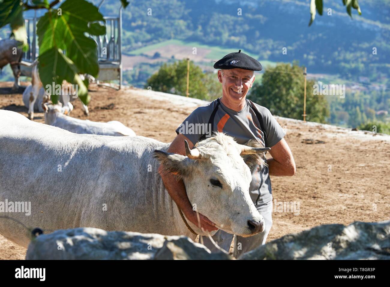 Frankreich, Ariège, Mas d'Azil, Ort Lasserre, Portrait von Vincent Dulac, Gascons Züchter von Kühen Stockfoto