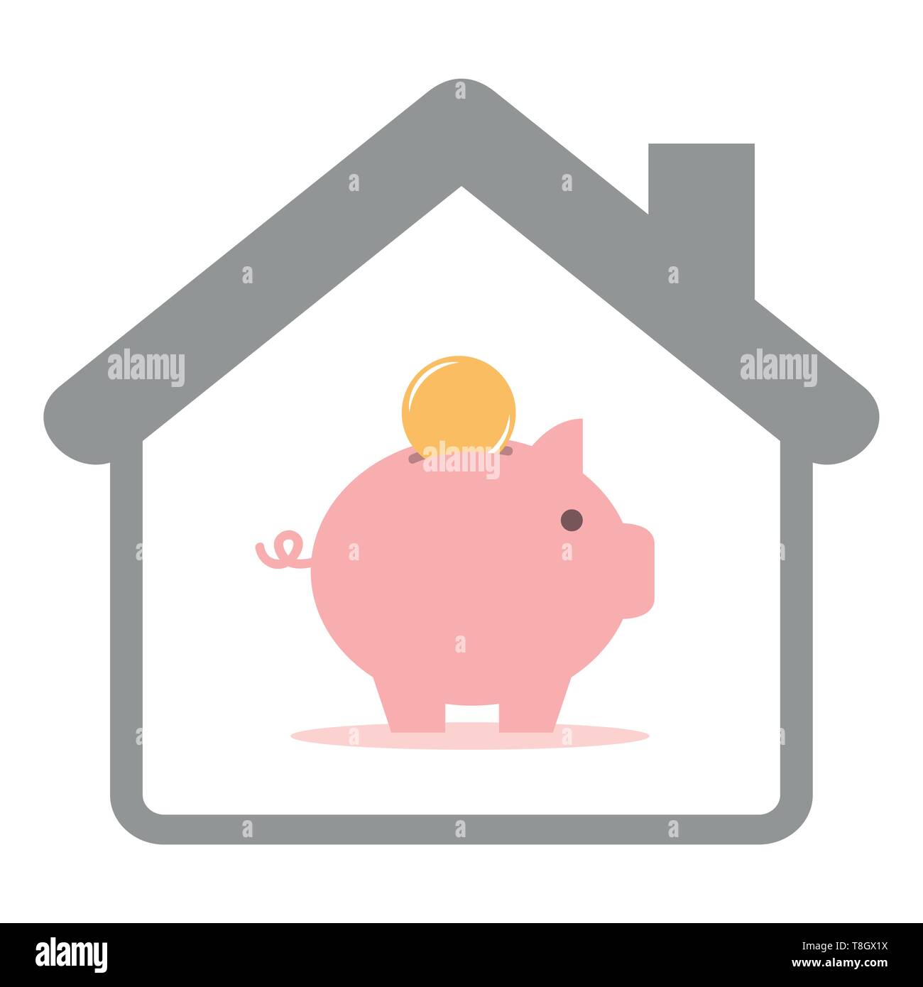 Sparschwein mit Münze in einem Haus auf weißem Hintergrund Vektor-illustration EPS 10 isoliert Stock Vektor