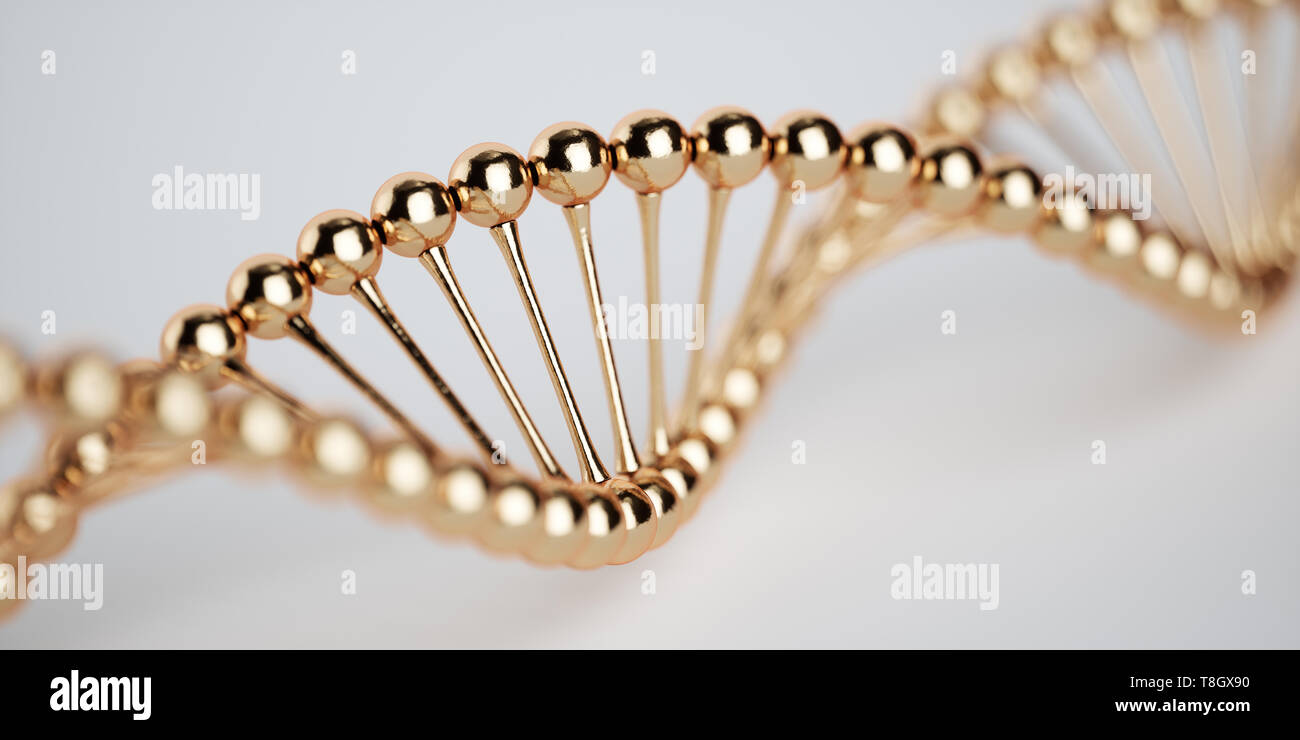 DNA-goldene Strukturmodell mit Weichzeichner. Wissenschaft-medizinische Forschung-Konzept. 3D-Rendering Stockfoto