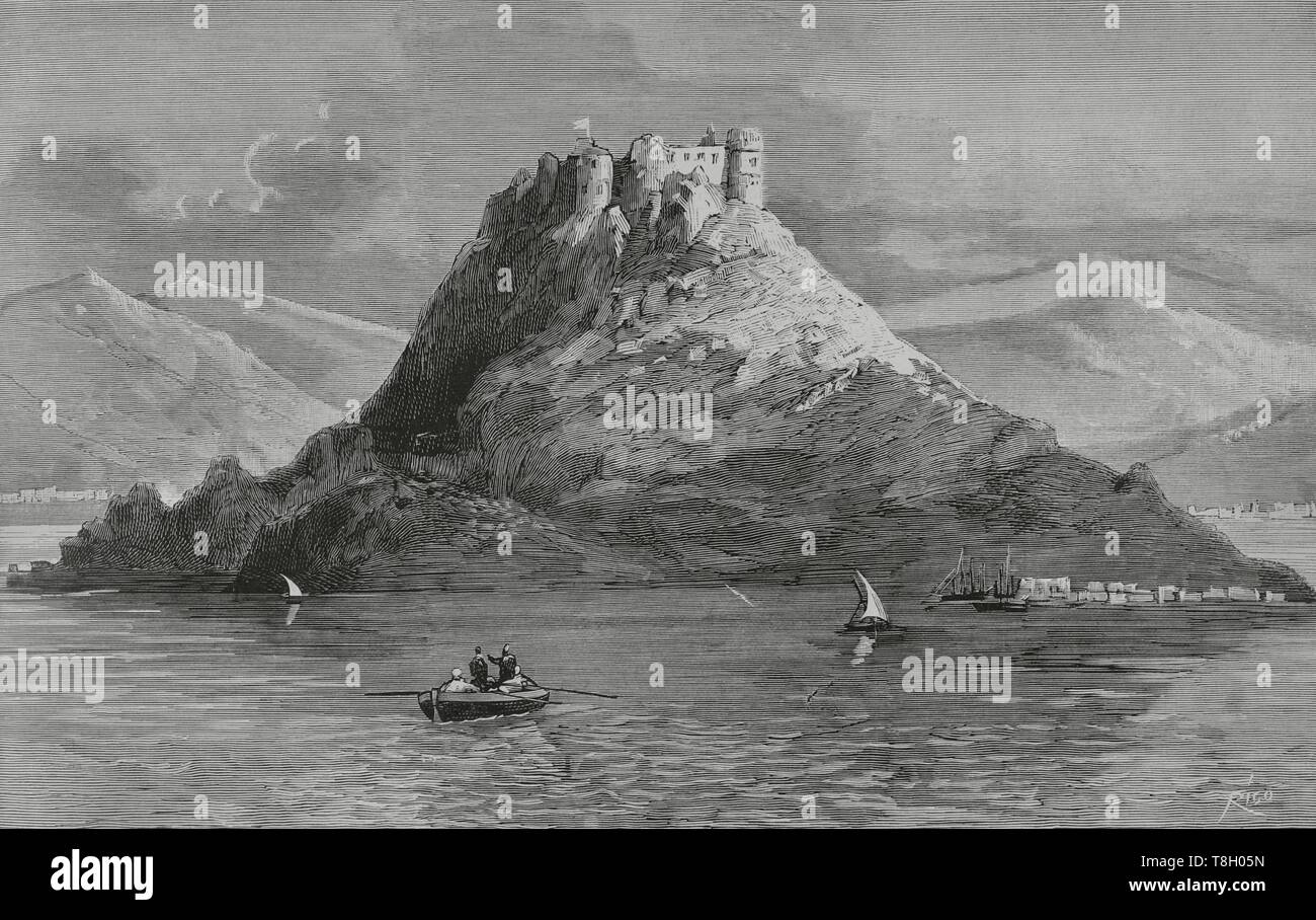 Entrada del Ejército francés en territorio de Túnez. Encontrando muy poca Resistencia proclamaría el Protectorado francés de Túnez del 12 de Mayo de 1881 Al 20 de marzo de 1956. Túnez Expedición francesa ein. Vista del Fuerte de la Isla Tabarka. Durante la Guerra, fue bombardeada por la urveillante'el 26 de Abril. Grabado por Bernardo Rico y Ortega (1825-1894). La Ilustración Española y Americana, 8 de Mayo de 1881. Stockfoto