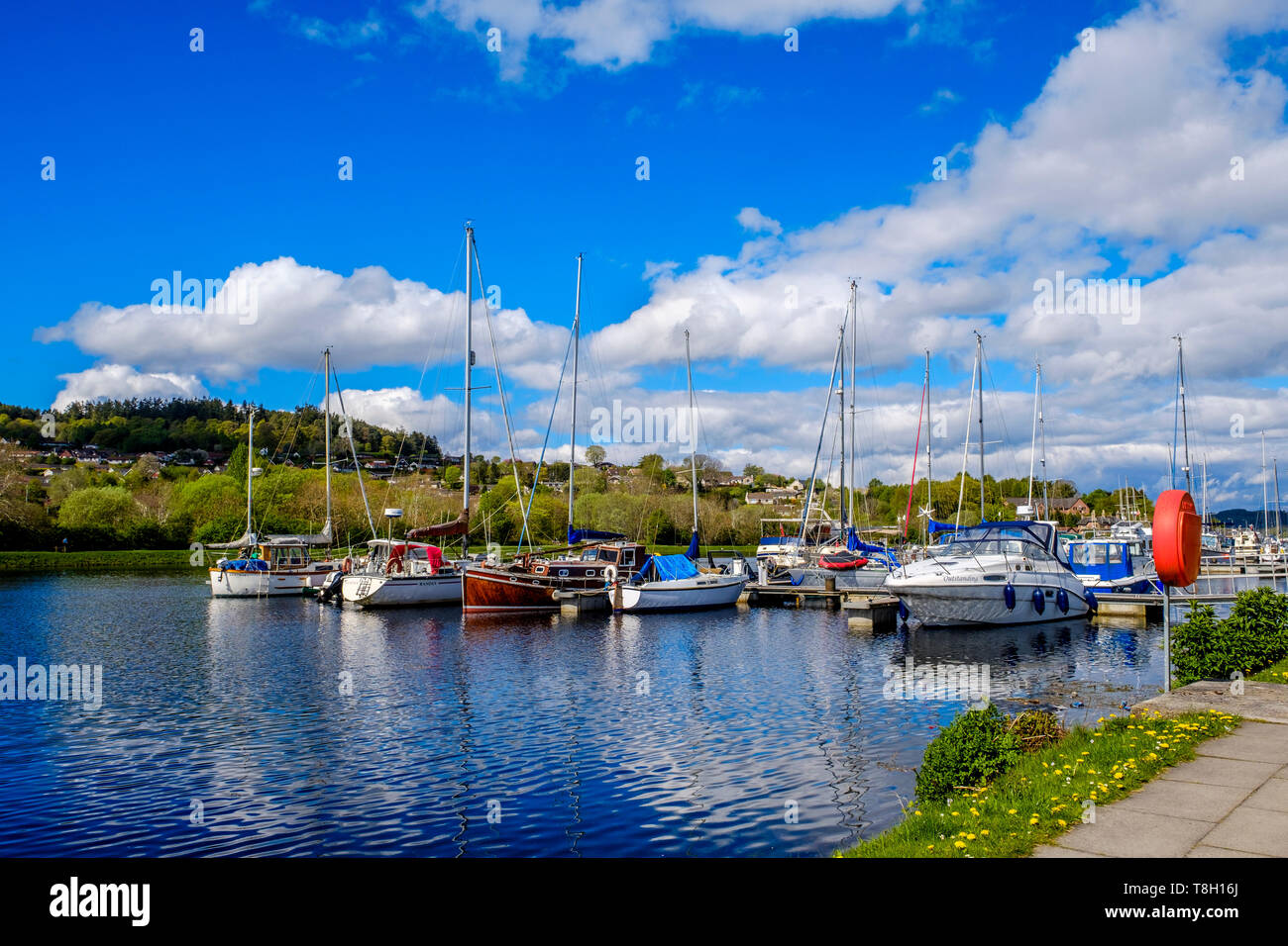 Yachten in der Marina auf dem Caledonian Canal in Inverness, Schottland verankert an einem Frühlingsmorgen. Stockfoto