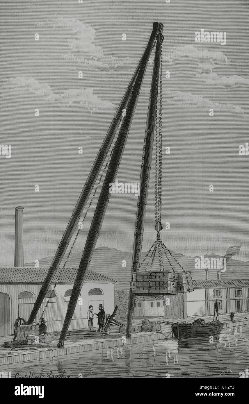 España. Galizien. El Ferrol (Estado de La Coruña). Tripode Máquina de Nuevo Modelo, instalada recientemente en El Arsenal. Dibujo por Cortellini. Grabado por Bernardo Rico. La Ilustración Española y Americana, DE 8 DE November 1881. Stockfoto