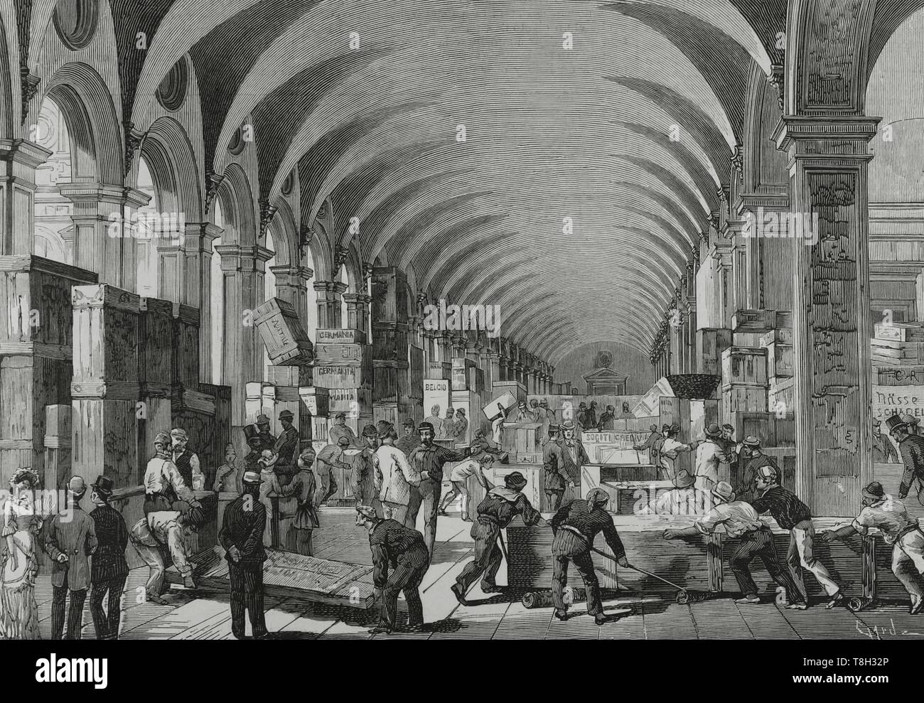 Italia. Venecia. Exposición de Geografía. El Patio del Palacio Ducal à la llegada de los Primeros envíos. Grabado por Tomás Carlos Capuz (1834-1899). La Ilustración Española y Americana, 15 de Septiembre de 1881. Stockfoto