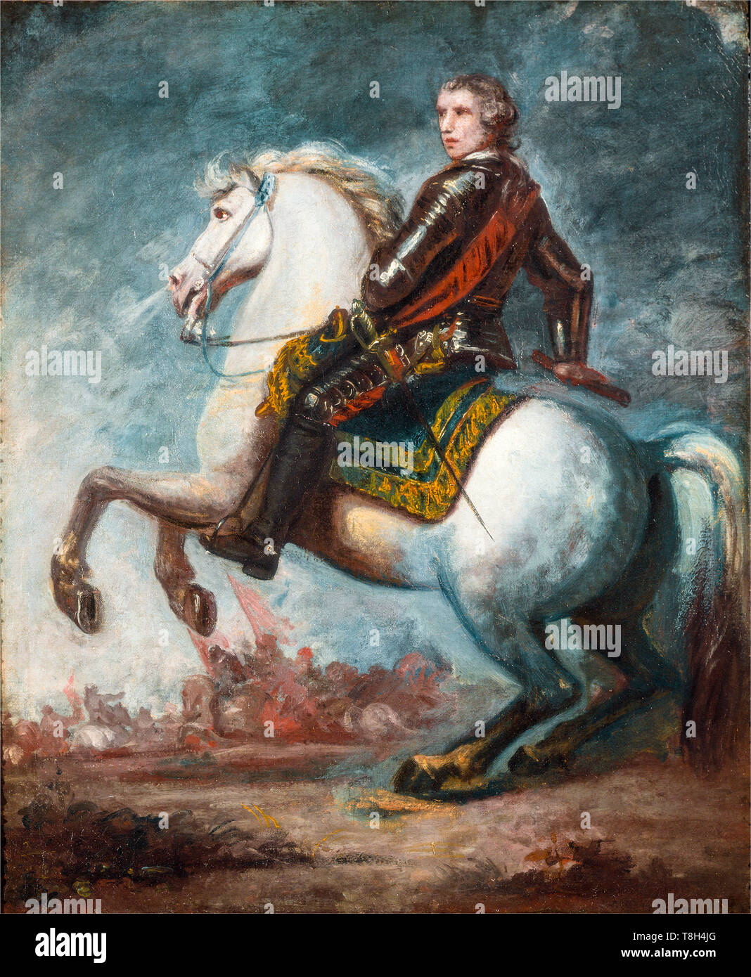Sir Joshua Reynolds, Reitsporträt des Feldmarschalls RT. Sir Jeffrey Amherst (1717-1797), britischer Armeeoffizier, Oberbefehlshaber, Nordamerika, Gemälde um 1768 Stockfoto