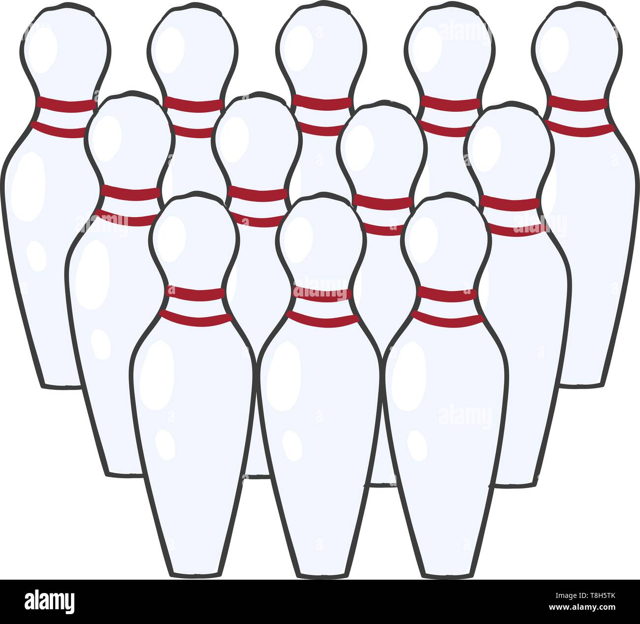 Bowling Pins in drei Reihen erwarten für den Schuß, Vector, Farbe, Zeichnung oder Abbildung. Stock Vektor