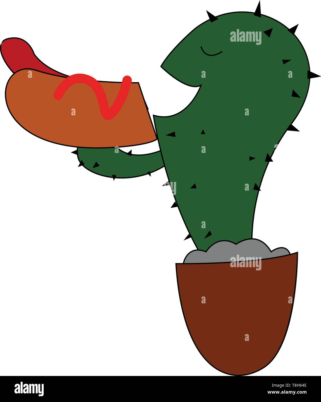 Ein Kaktus essen eine große Hot Dog mit seinen breiten Mund, Vector, Farbe, Zeichnung oder Abbildung. Stock Vektor Ein Kaktus essen eine große Hot Dog mit seinen breiten Mund, Vector, Farbe, Zeichnung oder Abbildung. Stock Vektor