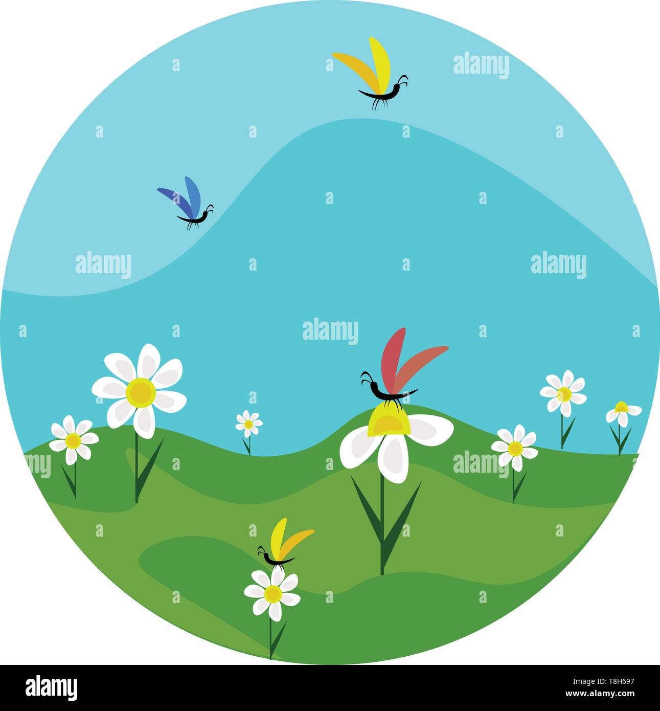Ein schönes grünes Feld mit viel Kamille Blumen und Schmetterlinge auf es, Vector, Farbe, Zeichnung oder Abbildung. Stock Vektor