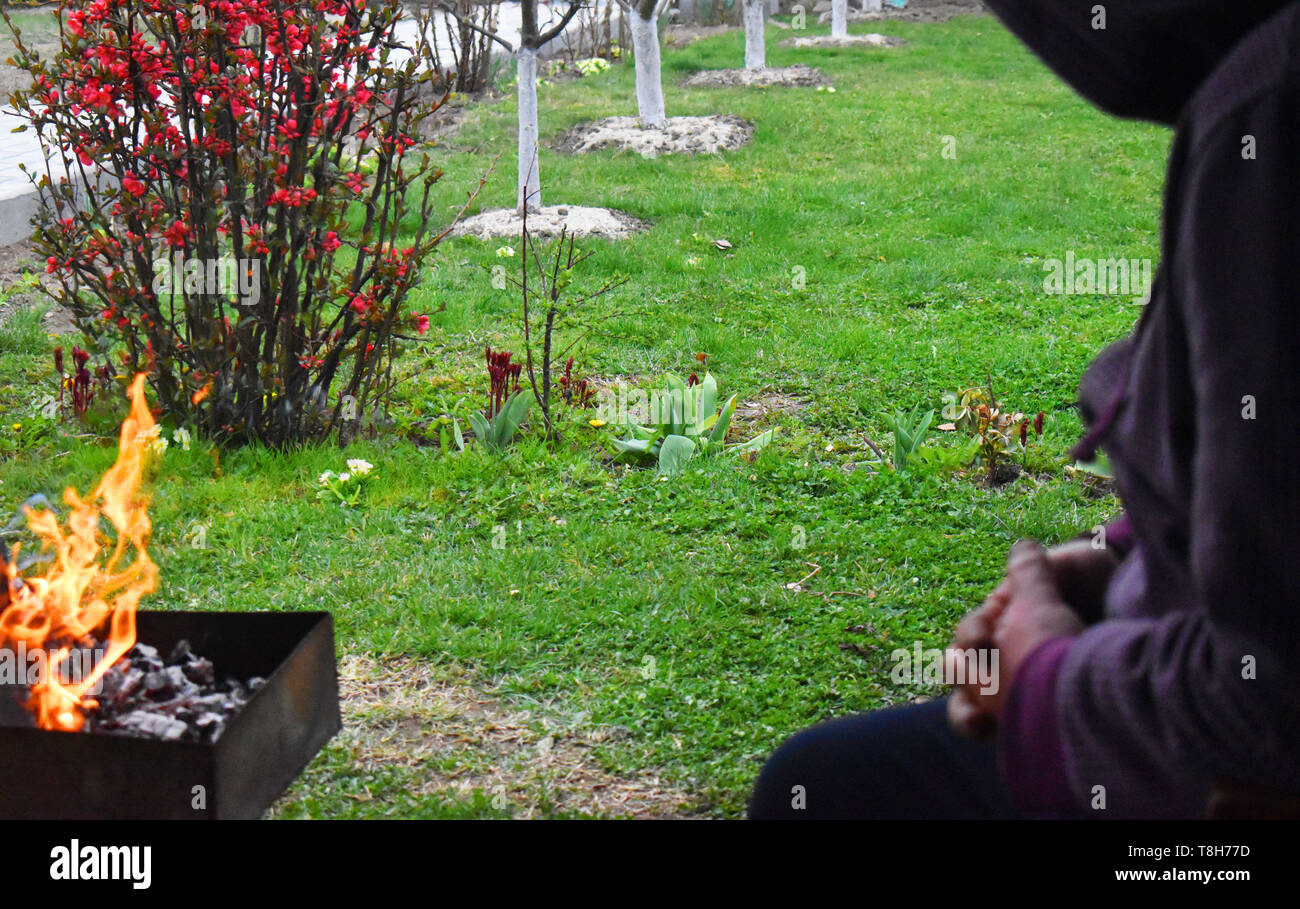 Man beobachtet das Feuer im Garten Stockfoto