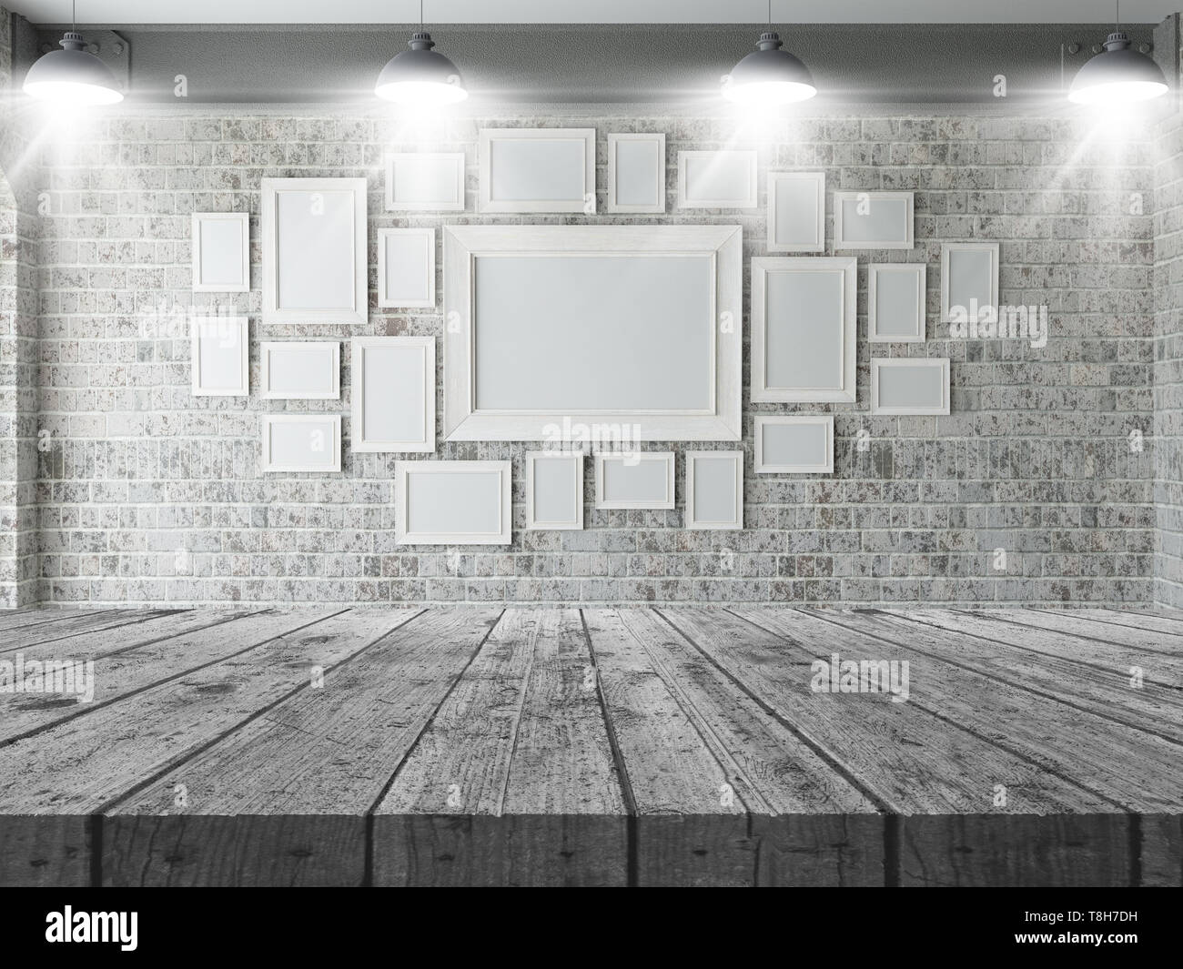 3D-Render von einem Holztisch mit Blick auf eine Wand aus leeren Bilderrahmen Stockfoto