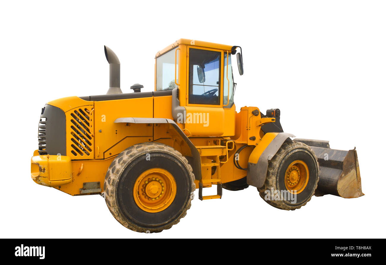 Dusty big bulldozer Lader, auf reinem weißem Hintergrund Stockfoto