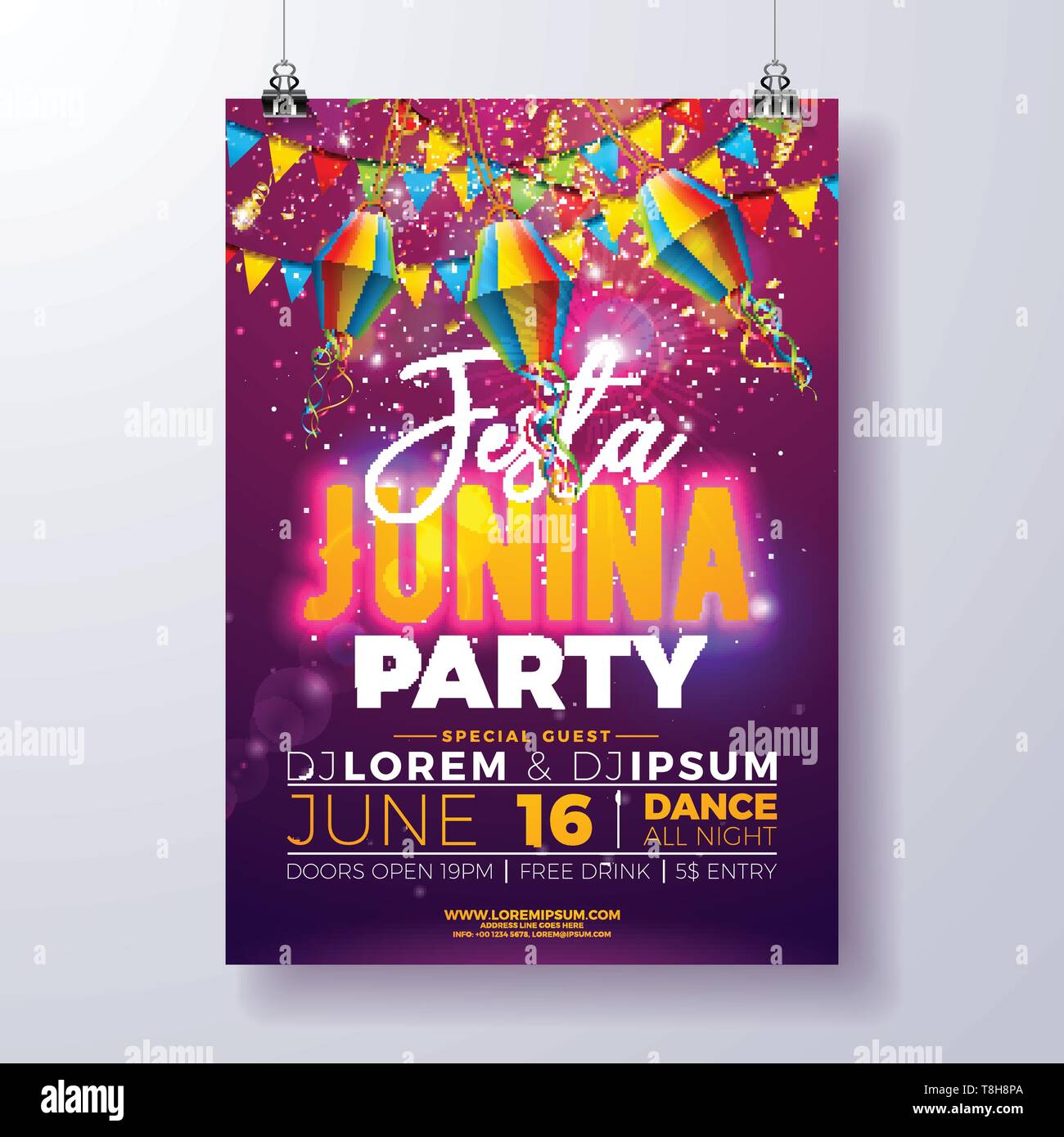 Festa Junina Party Flyer Design mit Fahnen, Papier Laterne und Typografie Design auf glänzende lila Hintergrund. Vektor traditionelle Brasilien Juni Festival Stock Vektor