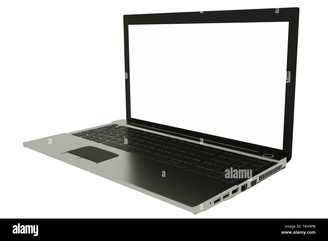 Moderne Laptop mit leeren weißen Bildschirm isoliert auf Weiss. 3D-Darstellung. Stockfoto
