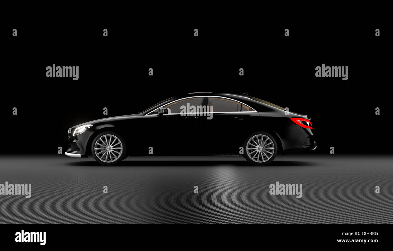 3D-Bild Rendern eines schwarzen Sport Luxury Auto mit Scheinwerfern auf Carbon Hintergrund gedreht. Von der Seite. Stockfoto