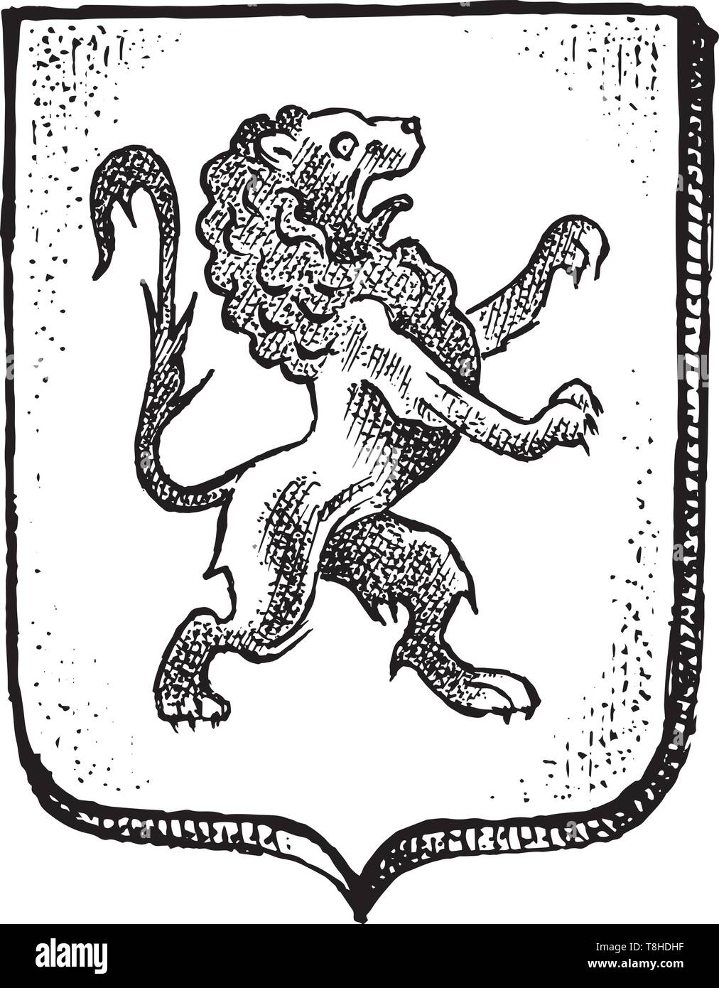 Tier für Heraldik im Vintage Style. Gravierte Wappen mit Löwen. Mittelalterliche Embleme und das Logo der Fantasy Königreich. Stock Vektor