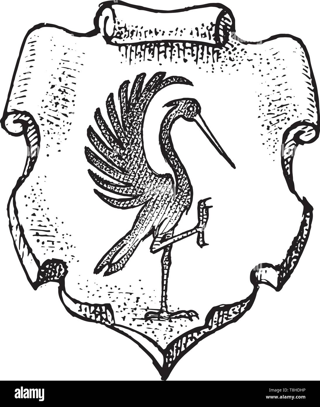 Tier für Heraldik im Vintage Style. Gravierte Wappen mit Storch Vogel. Mittelalterliche Embleme und das Logo der Fantasy Königreich. Stock Vektor