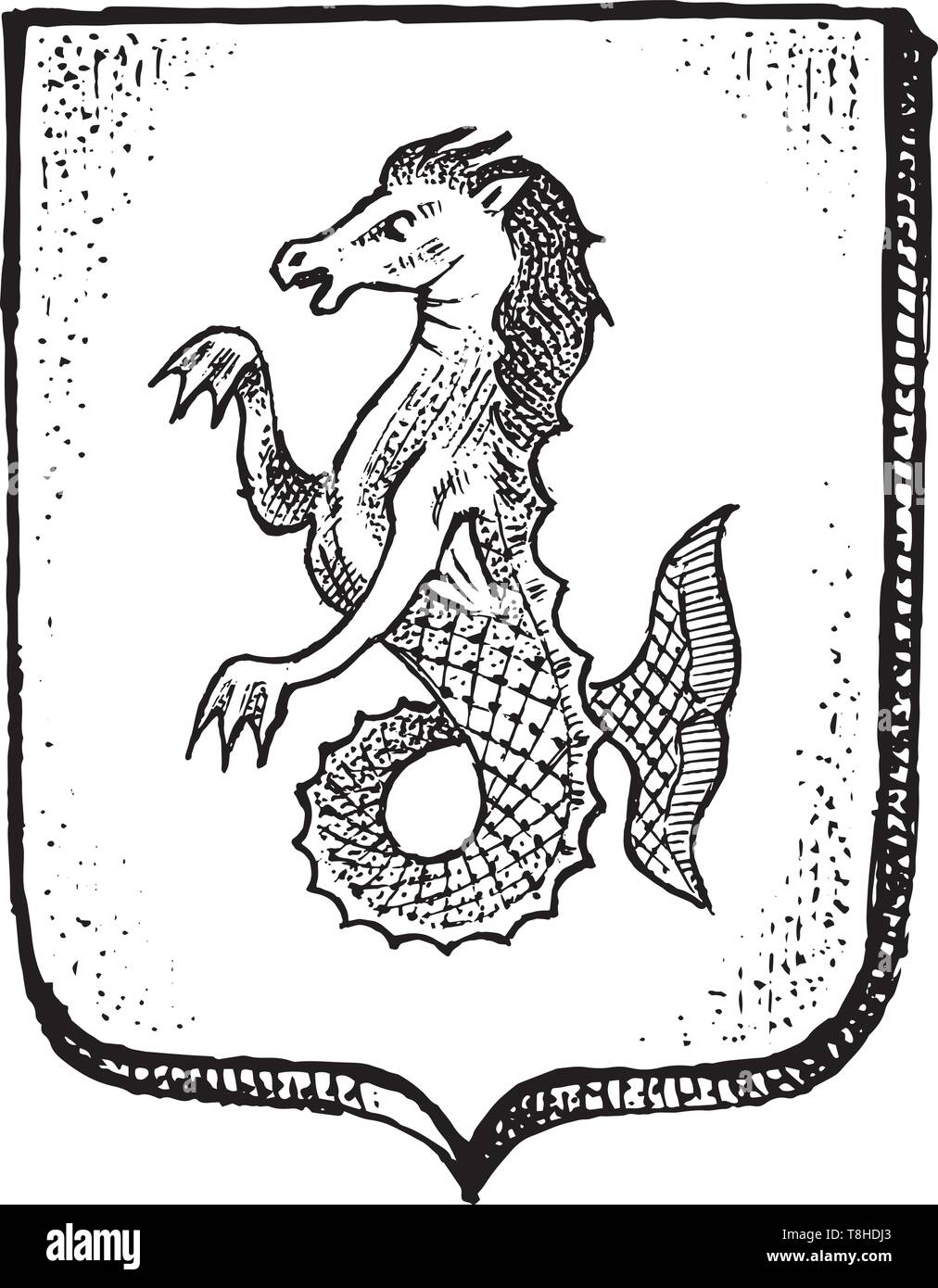 Tier für Heraldik im Vintage Style. Gravierte Wappen mit Fisch Pferd, Fabelwesen. Mittelalterliche Embleme und das Logo der Fantasy Königreich. Stock Vektor