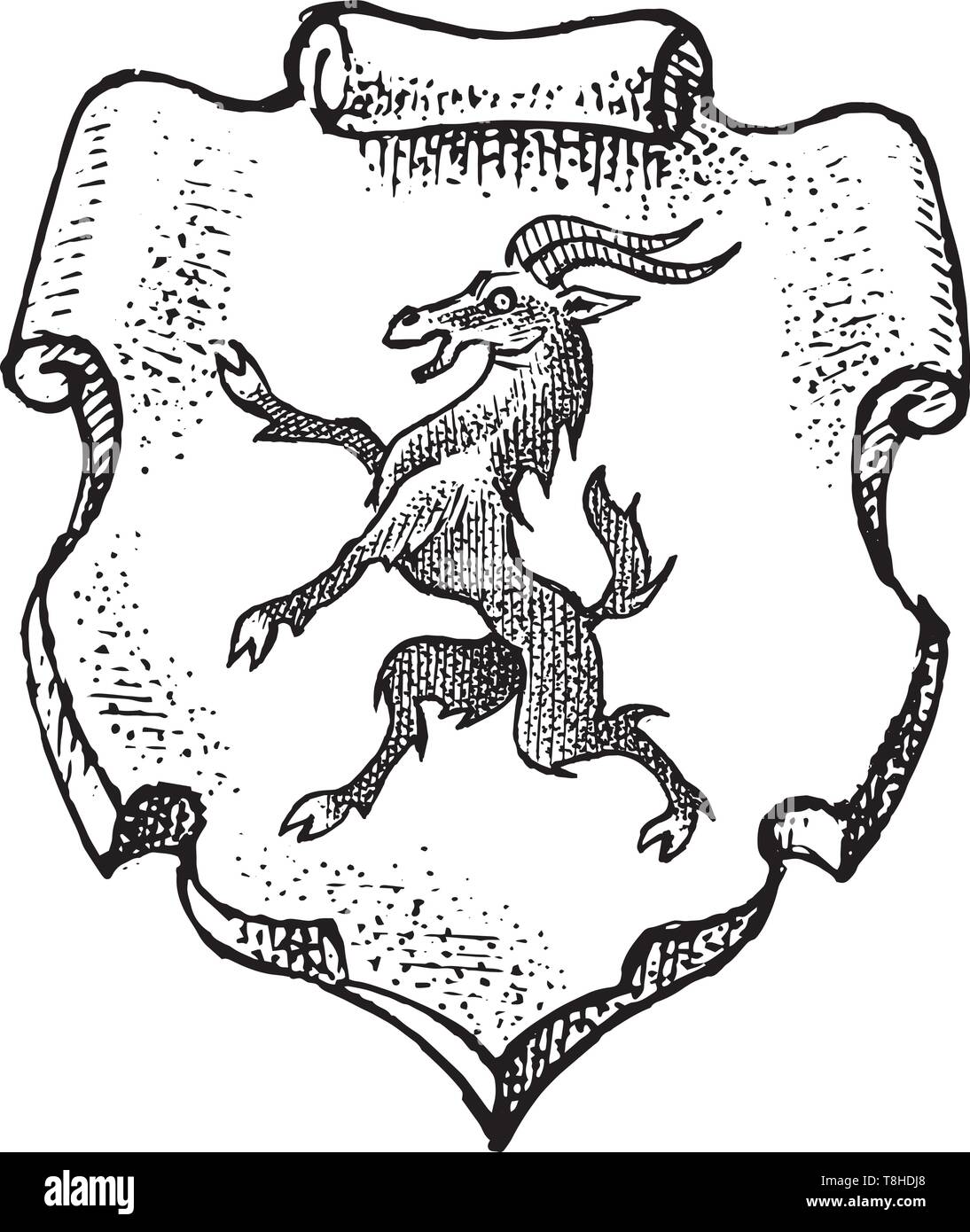Tier für Heraldik im Vintage Style. Gravierte Wappen mit Ziege, Fabelwesen. Mittelalterliche Embleme und das Logo der Fantasy Königreich. Stock Vektor