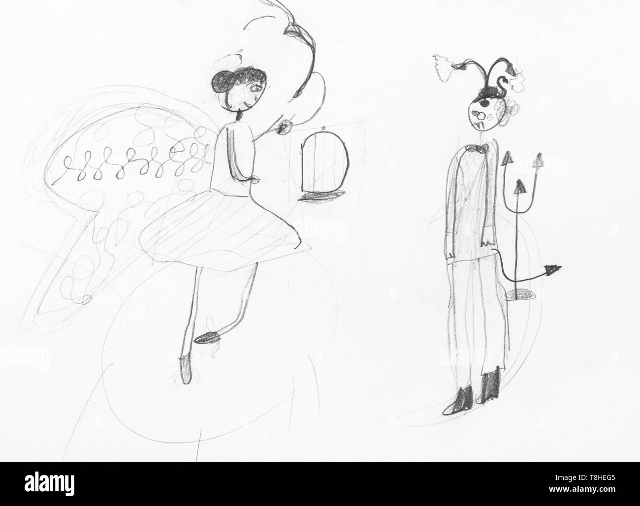 Skizze von Märchen und Teufel von schwarzen Stift auf weißem Papier gezeichnet Stockfoto