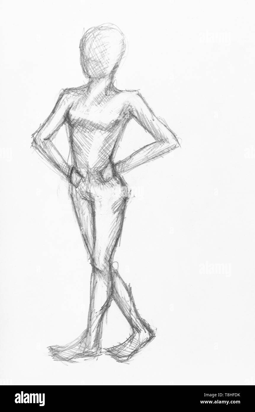 Skizze des Gehens weibliche Figur von schwarzen Stift auf weißem Papier gezeichnet Stockfoto