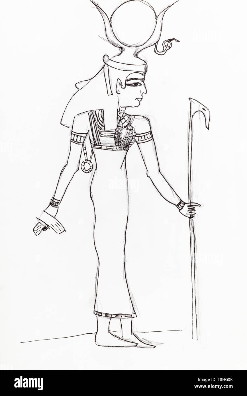 Portrait der alten ägyptischen Göttin Hand - mit schwarzer Tinte auf weißem Papier gezeichnet Stockfoto