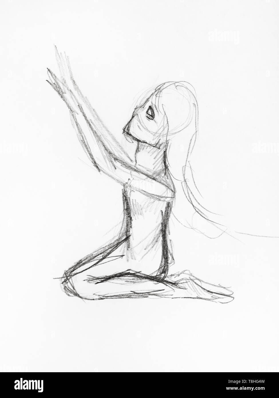 Skizze des betenden Frau auf den Knien von schwarzen Stift auf weißem Papier gezeichnet Stockfoto