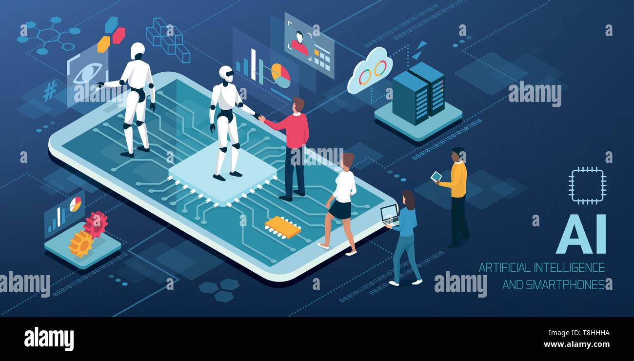 Human-AI Interaktion: Leute treffen Android Roboter auf einem Smartphone mit AI-Prozessor, künstliche Intelligenz und Human Computer Interaction Konzept Stock Vektor