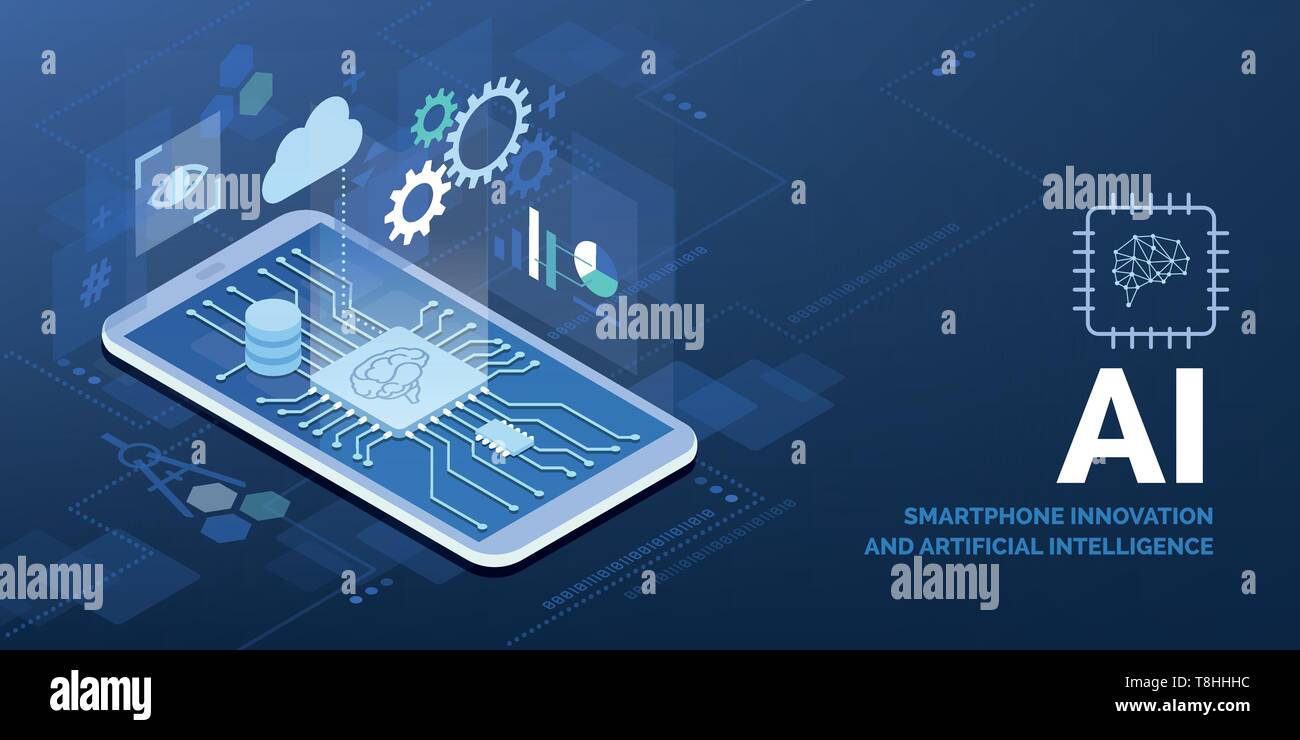 Smartphones und AI: innovative Smartphone mit futuristischen künstliche Intelligenz Prozessor- und Augmented Reality App Stock Vektor
