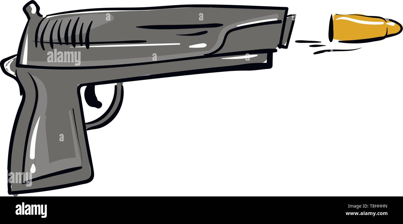 Eine graue Pistole mit einem gelben bullet aus ihr heraus fliegen, Vector, Farbe, Zeichnung oder Abbildung. Stock Vektor