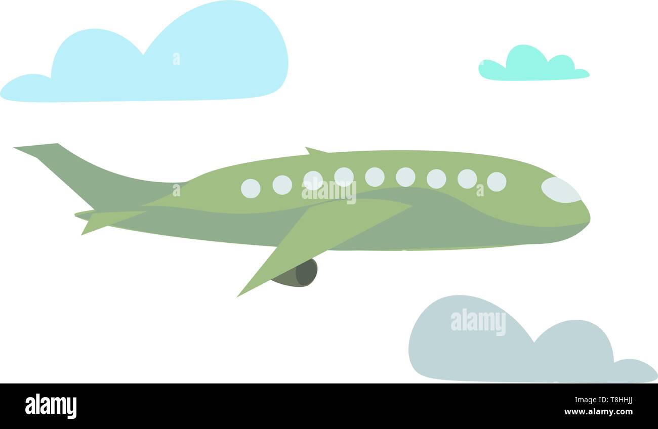 Ein grünes Flugzeug mit neun Fenster durch Wolken, Vector, Farbe, Zeichnung oder Abbildung fliegen. Stock Vektor