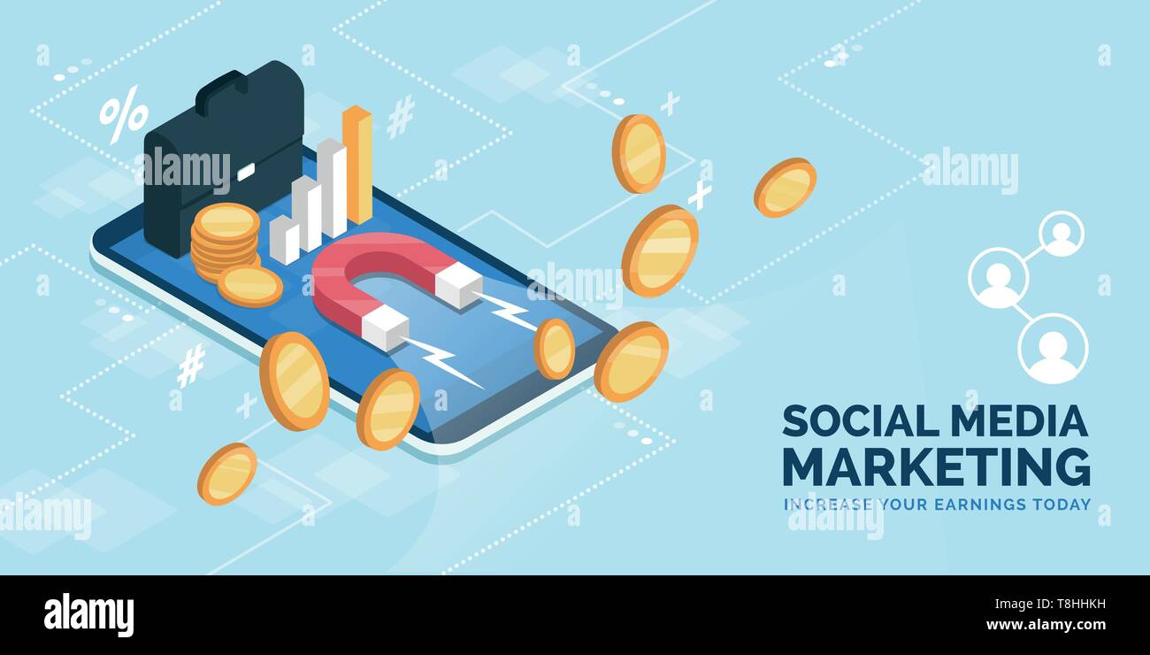 Erfolgreiche Geschäfte und online verdienen Strategien App: Aktenkoffer, erfolgreiche finanzielle Chart und Magnet für Geld auf einem Smartphone Digitale displ Stock Vektor