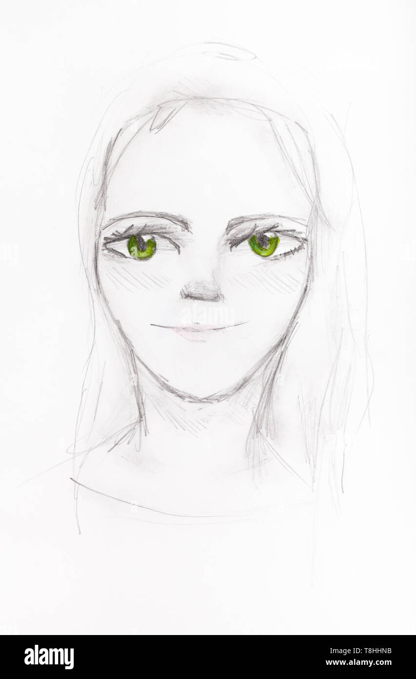 Portrait Von Madchen Mit Grunen Augen Von Hand Von Bleistiften Auf Weissem Papier Gezeichnet Stockfotografie Alamy