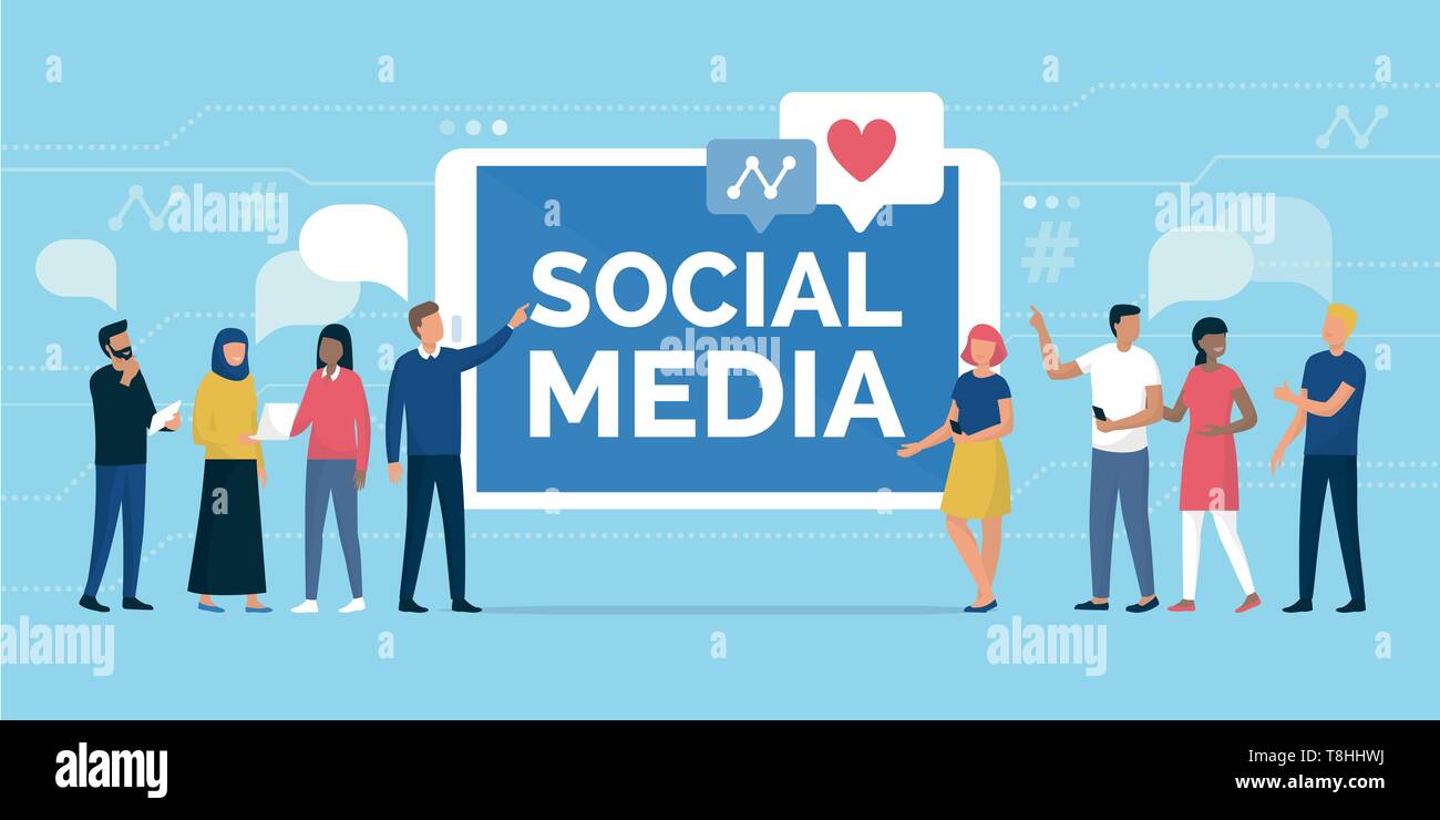 Menschen und soziale Medien Community online: Personen, miteinander kommunizieren und soziale Netzwerke Konzept auf einem digitalen Tablet Stock Vektor