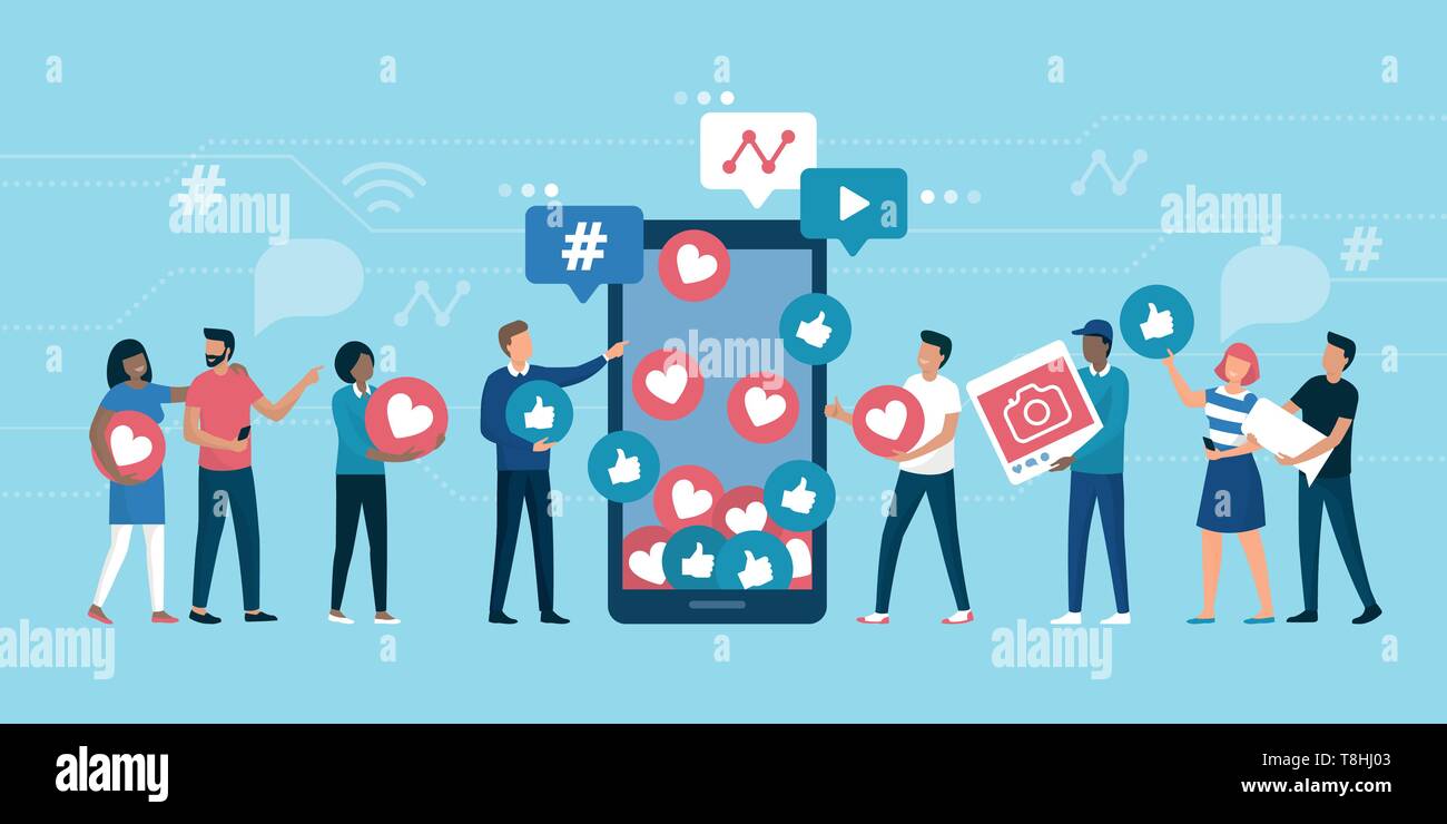Ihre social media Anhänger mit erfolgreichen Marketingstrategien erhöhen: Menschen mag und Reaktionen zu einer social media Profil auf einem smartpho Stock Vektor