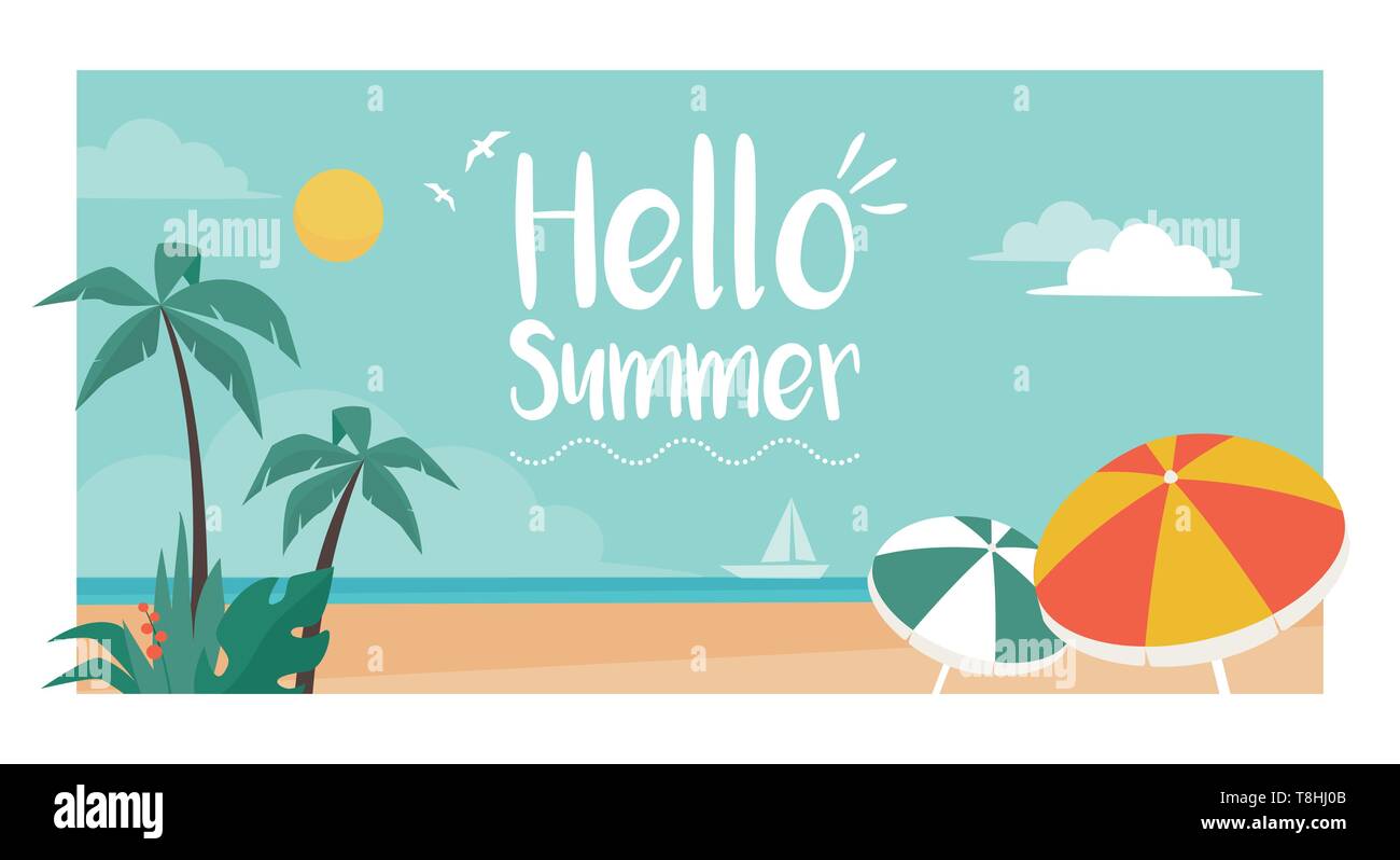 Hallo Sommer Ferien Postkarte mit tropischen Strand, Palmen und Sonnenschirme Stock Vektor
